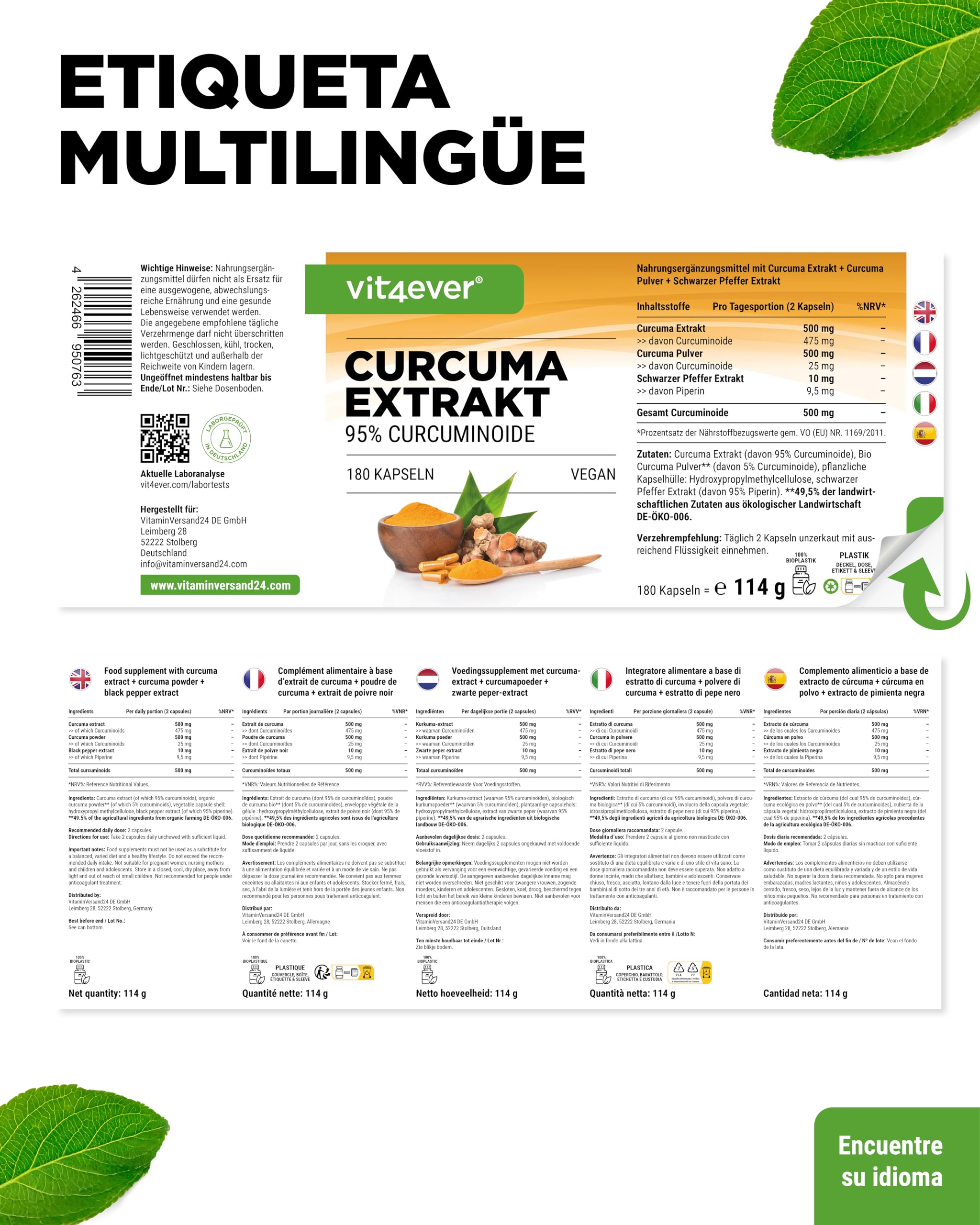 Extracto de cúrcuma - 180 cápsulas - Alta dosis con 500 mg de curcumina por dosis diaria - Con un 90% de contenido en curcumina - Sin aditivos indeseables, vegano