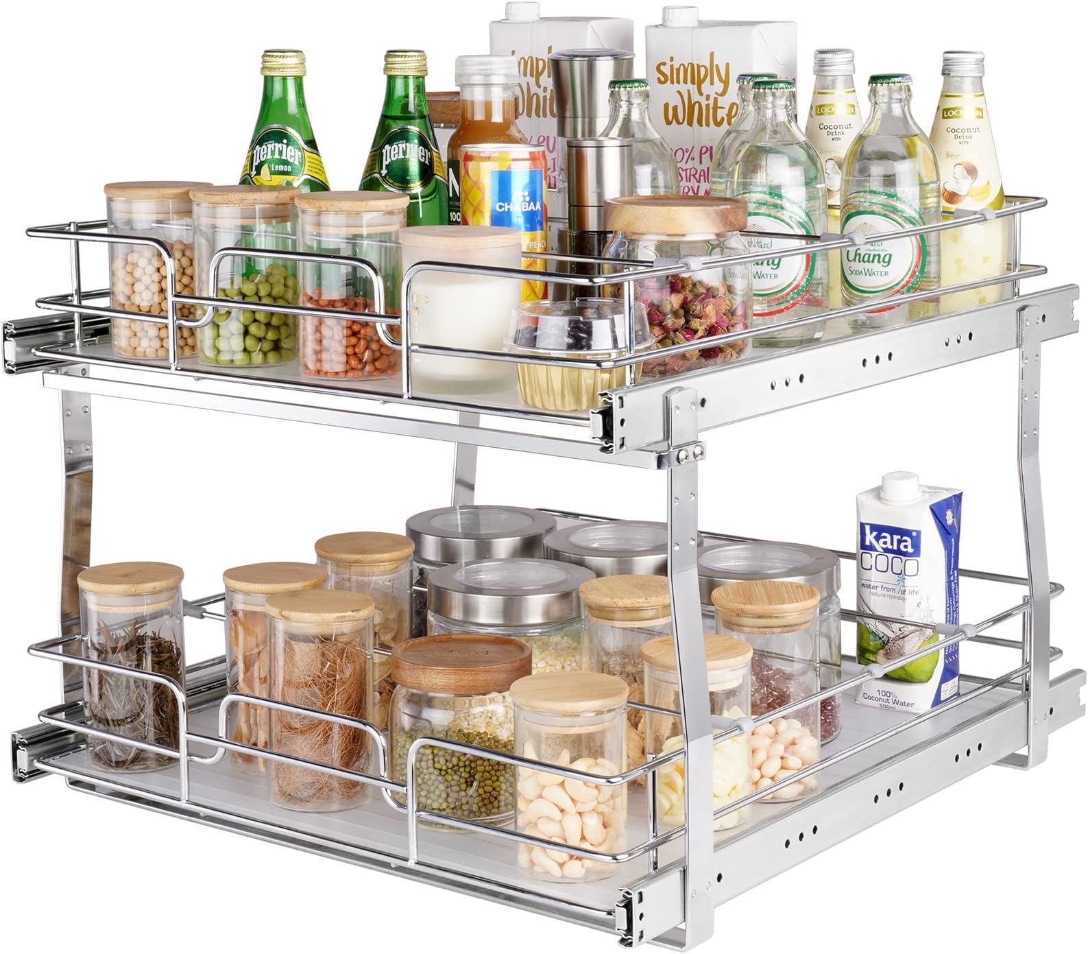 VEVOR 2 Tier 20"Wx21.2"Dx15.2"HPull Out Cabinet Organizer, Heavy Duty Slide Out Pantry Shelves, Steel Roll Out Drawers, Sliding Drawer Storage for Home, 21.5"Wx22.5"Dx19"H Install Size for Cabinet