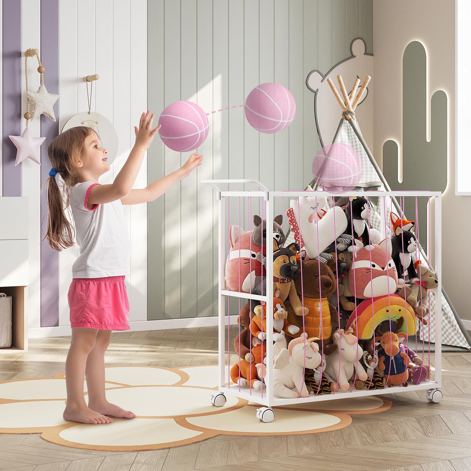 BBLIKE Porta Peluche Giocattolo con Ruote - Zoo Contenitore Giochi Bambini per Orsacchiotti, Scatola Organizer Giochi Bambini, Baule per Animali di Peluche e Palle (Rosa)