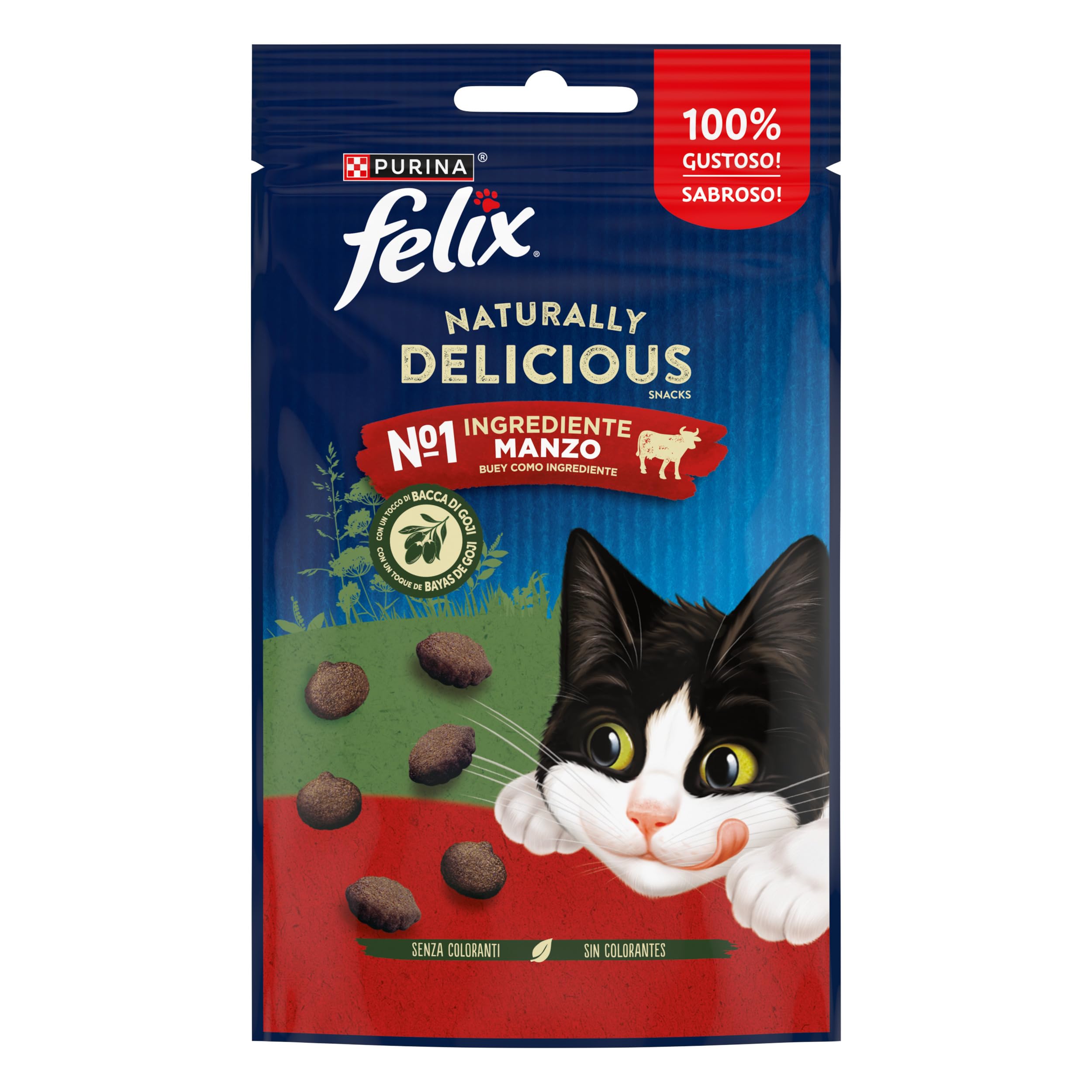 Felix Naturally Delicious Przekąski dla dorosłych kotów, 1. składnik wołowiny i jagody Goi, 8 opakowań po 50 g