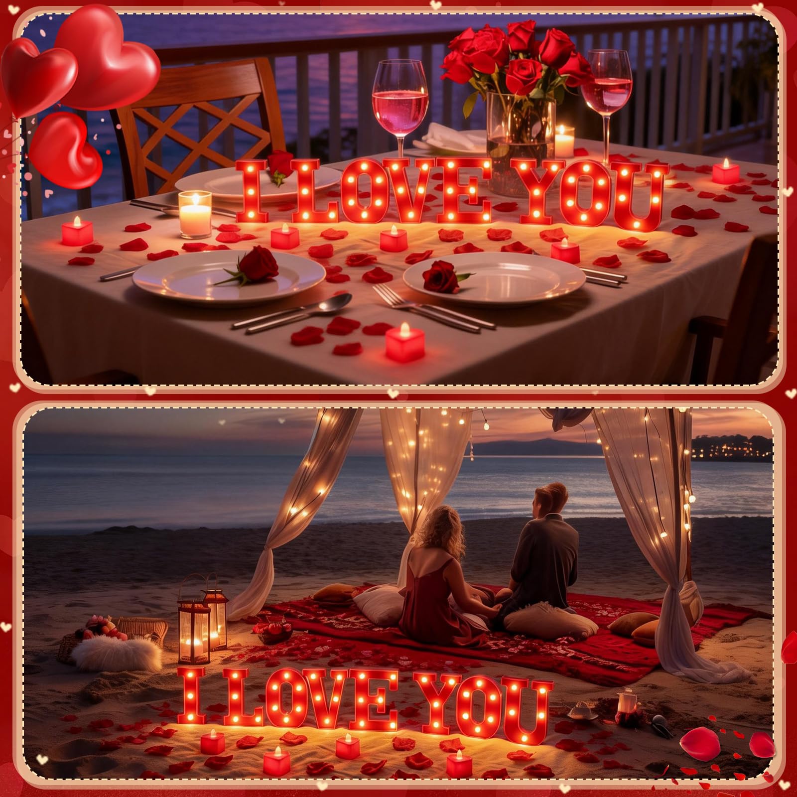 Lettres lumineuses « I Love You » avec 24 bougies LED sans flamme en forme de cœur - 2 000 faux pétales de rose - Décorations romantiques et spéciales pour la Saint-Valentin, un mariage, des