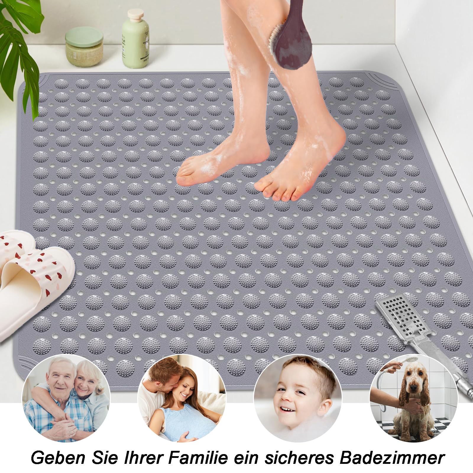 Duschmatte 80x80cm Antirutsch - PVC Badematte Mit Saugnäpfen & Ablauflöchern, Grau
