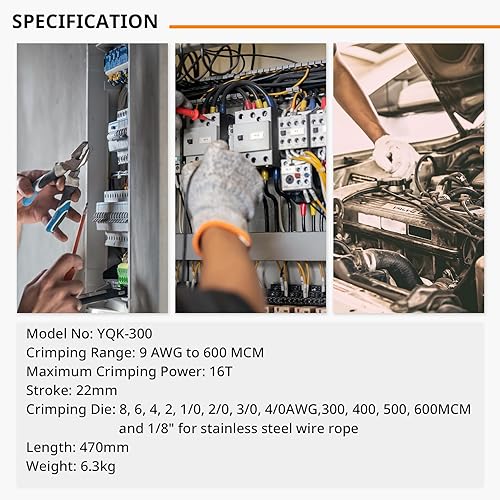 Miniatura 2 de Herramienta de prensado hidráulico de 16 toneladas, rango de 9 AWG a 600 MCM, crimpadora hidráulica con 13 pares de troqueles para cable hidráulico,