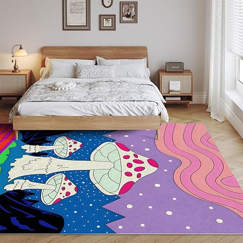 Miniatura 4 de Hippie Mushroom Living Room Rugs - 4x6 Rug, Retro y2k Colorful Funny Mushroom Rug for Teens Kids Girls, 70s Stripes Polka Dot Rug, Washable Soft