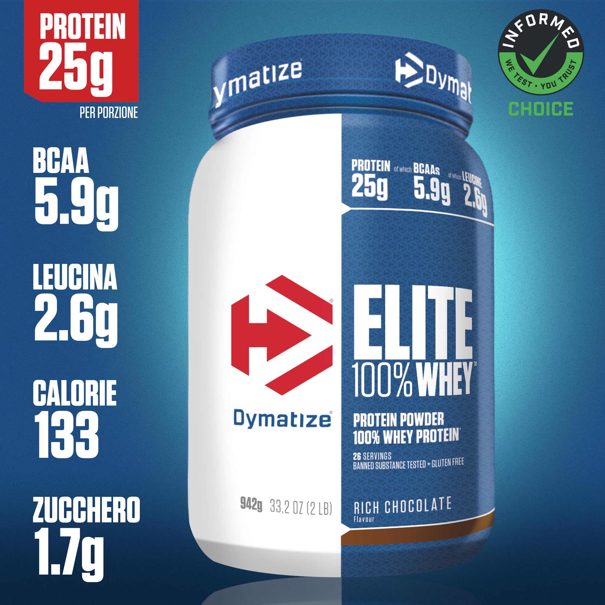 Dymatize Elite 100% Whey Rich Chocolate 942g - Polvere ad alto contenuto di proteine e basso zuccheri del siero latte BCAA