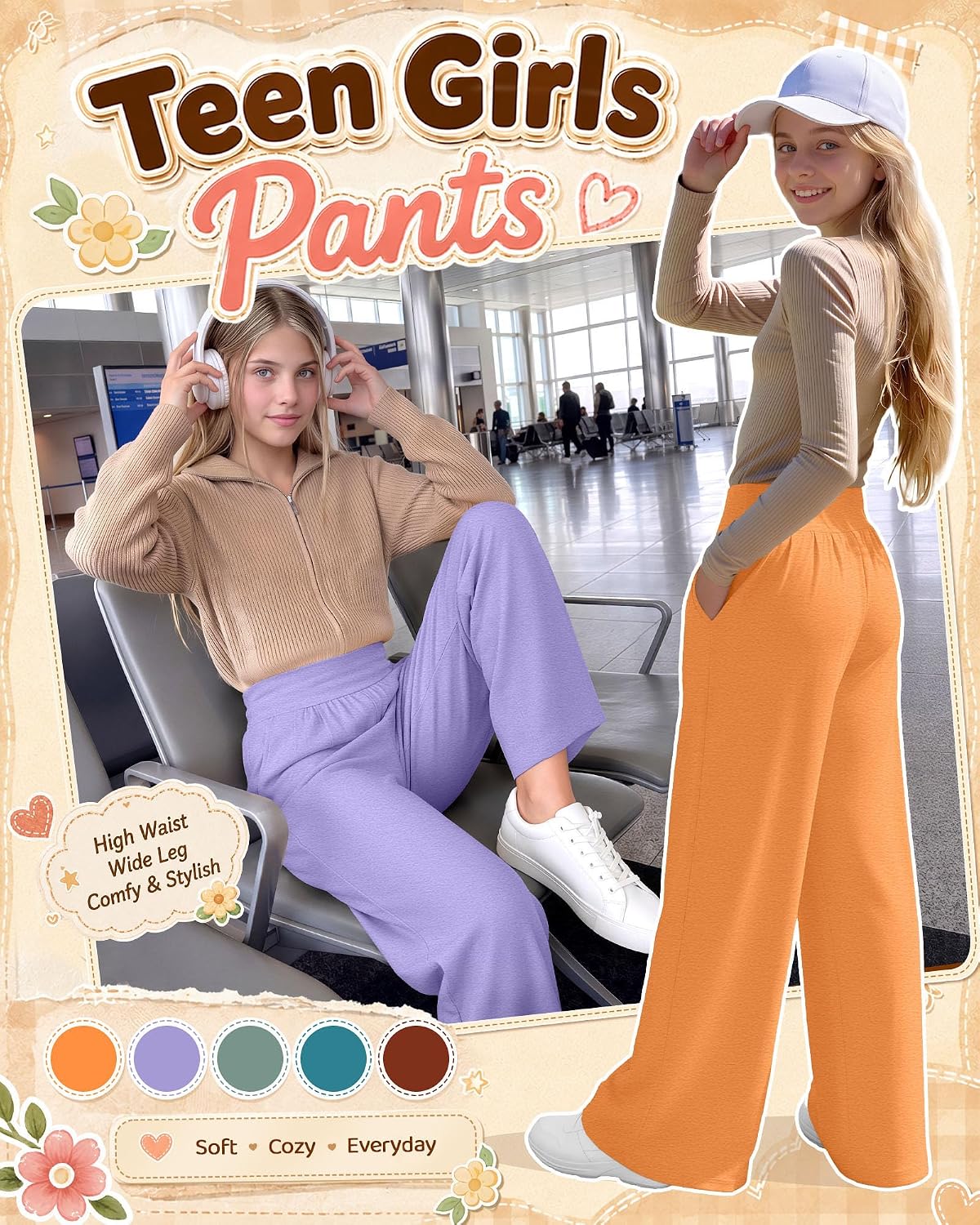 5 Pack Girls' Pants Wide Leg Trousers 13-14Y 5Color