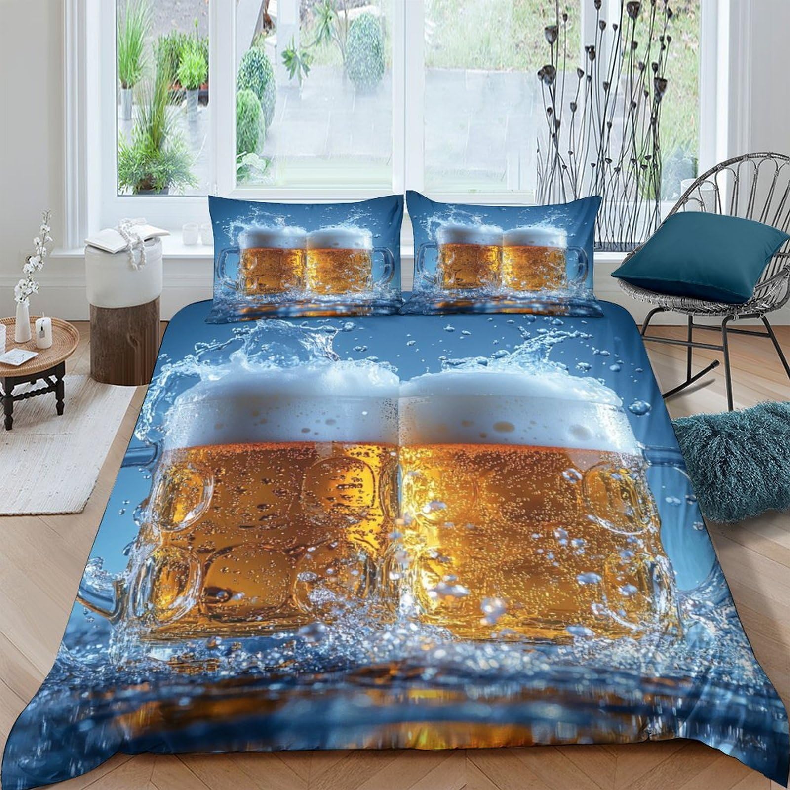 GPLZQXKJNH 3D Printed Beer Mug Splash Duvet Cover Set Microfiber Soft Breathable Water Effect Bedding with 2 Pillowcases for Bedroom Decor Single（135x200cm）