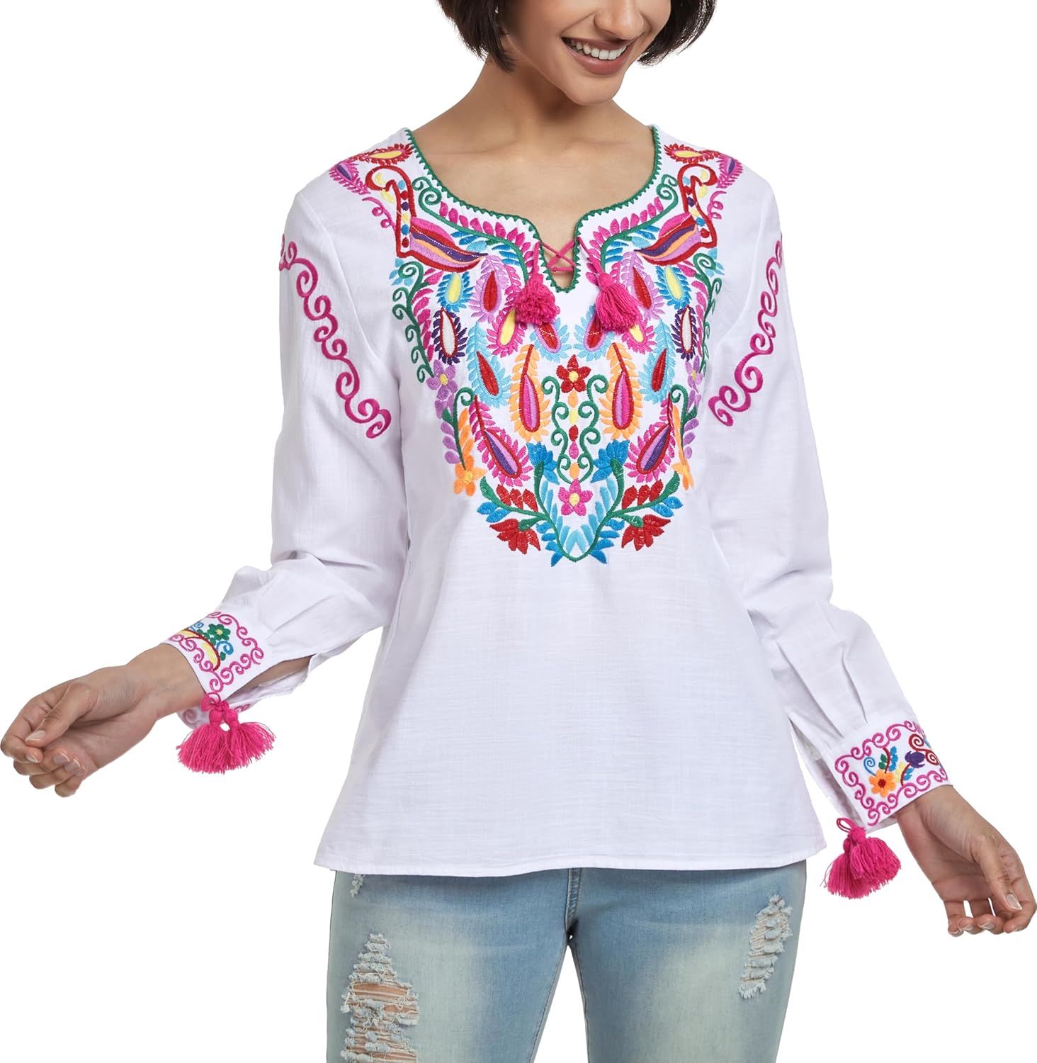 YZXDORWJ Women's Mexican Long Sleeve Blouse Embroidered Traditional V Neck Top Boho Tunic - Image 5