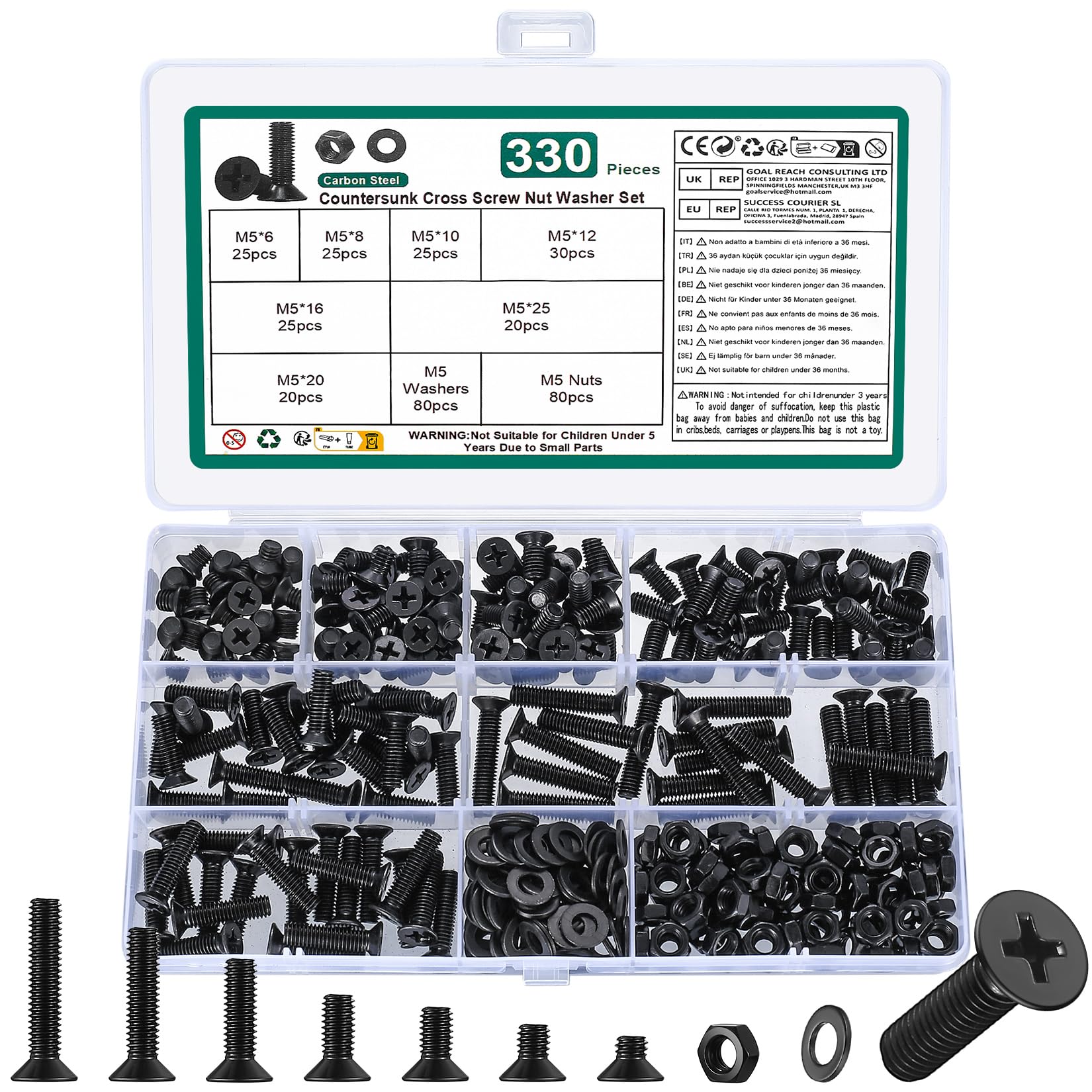 Kit Assortimento 600 Pezzi Viti M2,5 A Testa Piatta | Nere, Con Rondelle E Dadi