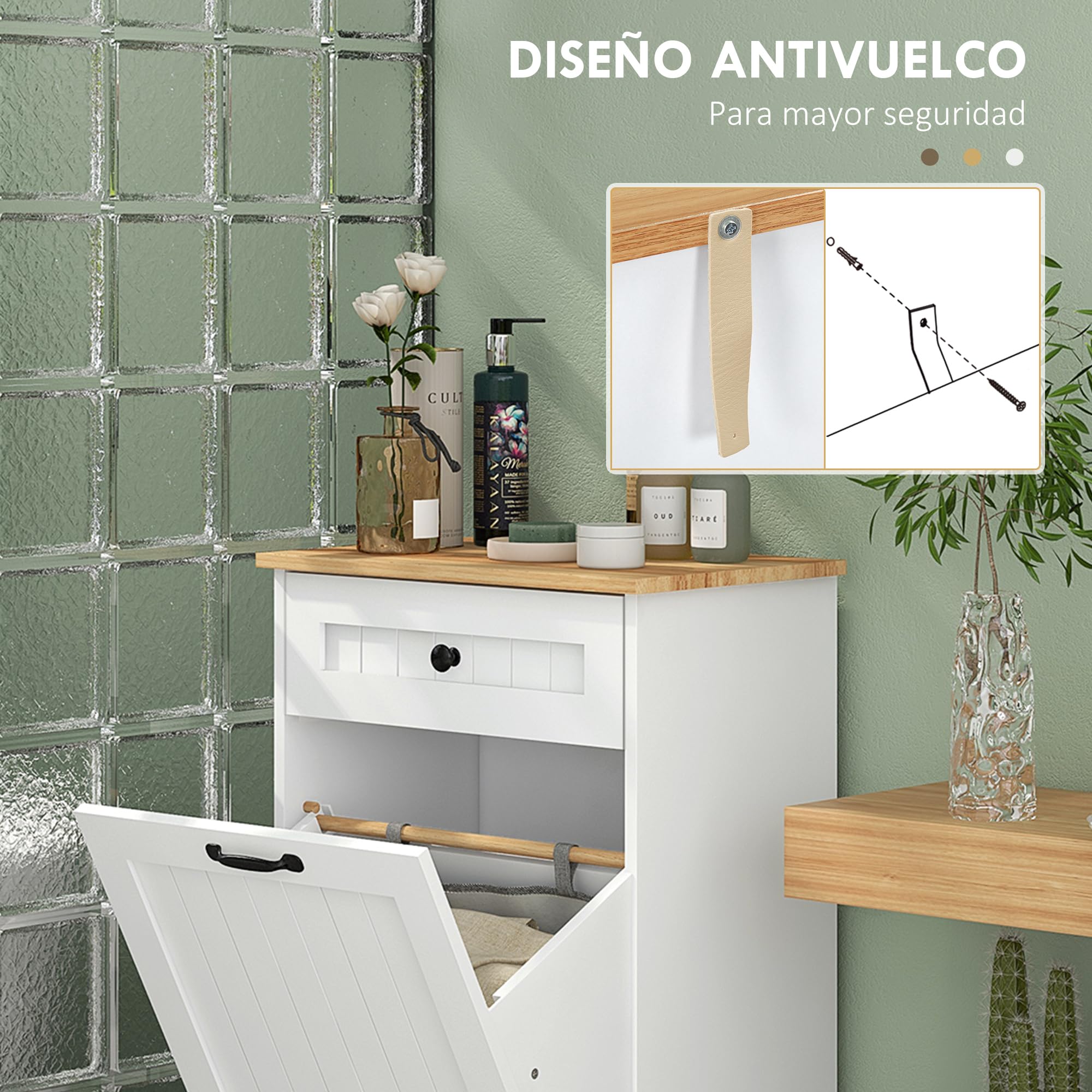 HOMCOM Mueble Auxiliar de Baño Cesto para Ropa Sucia Armario de Baño con Cajón y Diseño Anti-vuelco Mueble de Baño Moderno 52x33x90 cm Blanco