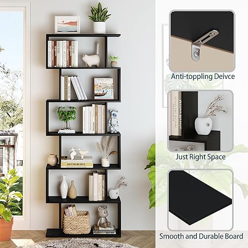 Miniatura 6 de Yusong Estantería de 6 niveles, estantería geométrica en forma de S para dormitorio, estante decorativo de madera moderno, estante alto para libros