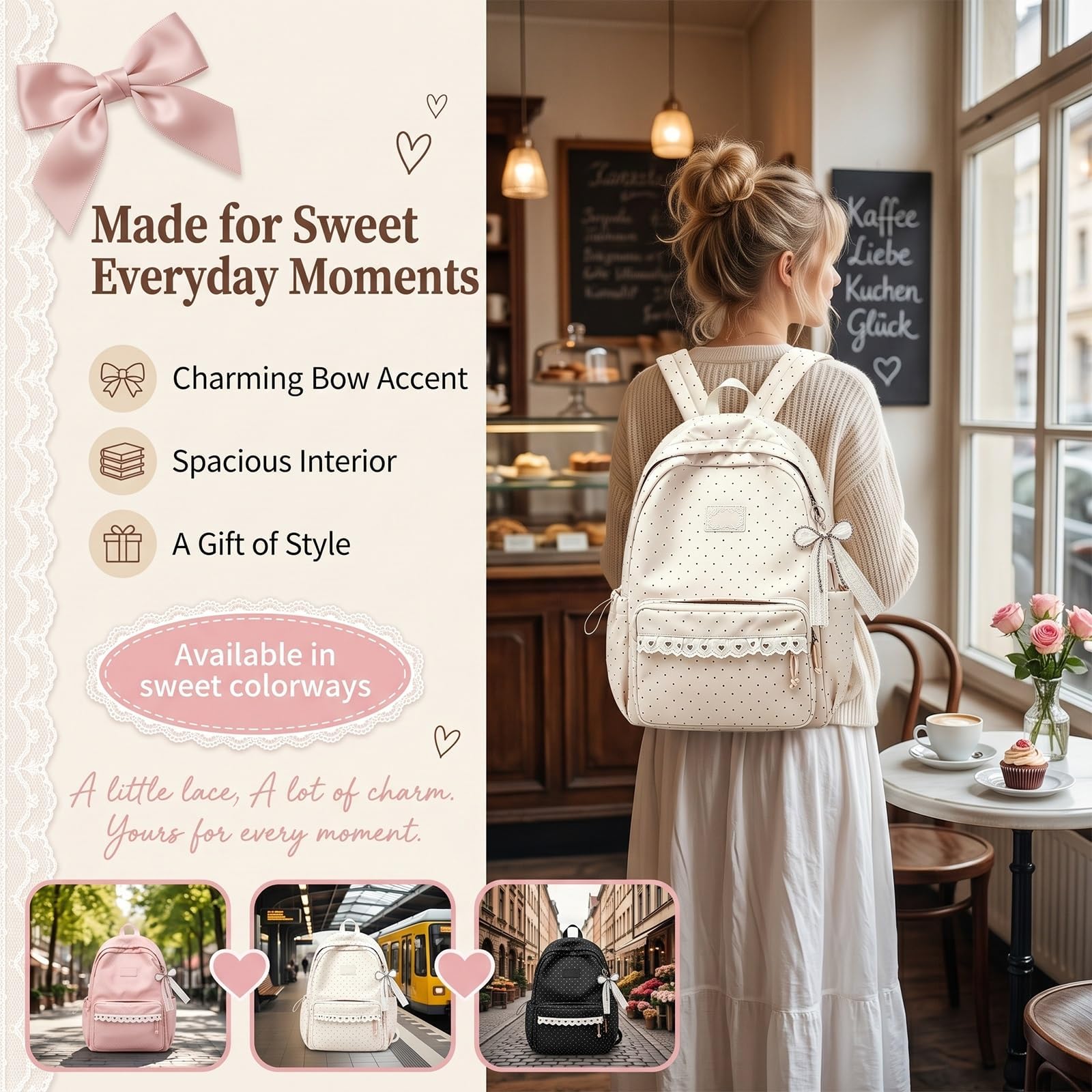 Zaino Da Donna In Nylon A Pois, Borsa Y2K Carino Per Laptop Libri, Zaino Da Viaggio Legero E Capiente, Borsa In Nylon Impermeabile Con Multi Scomparti, Zainos Casual Per Tutti I Giorni(Bianco)