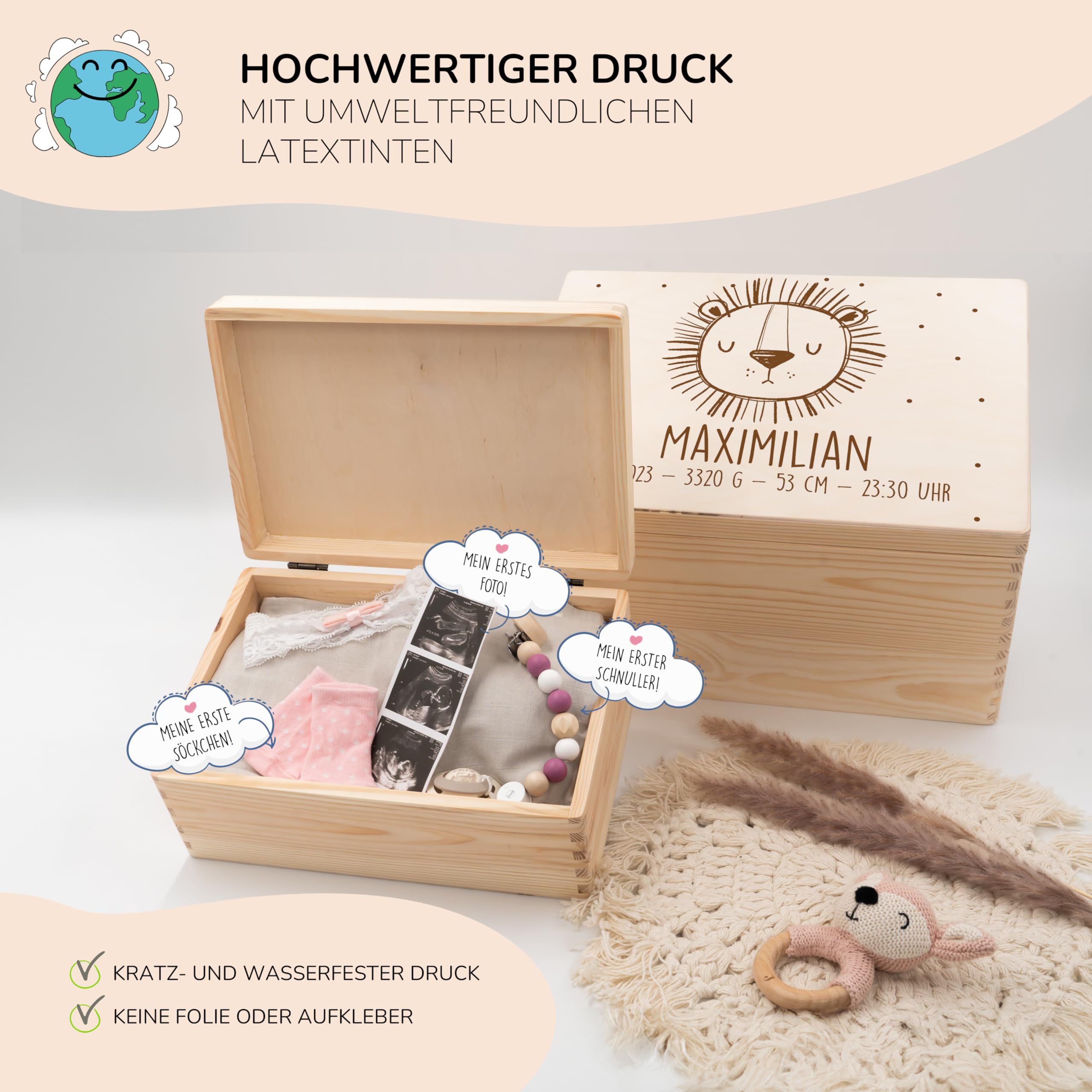 KIDSMOOD - Erinnerungsbox Baby, personalisierte Holzkiste mit Deckel, Ideal zur Aufbewahrung von Erinnerungen und als Geschenk zur Geburt, Taufe oder als Geburtstagsgeschenk für Mädchen und Jungen