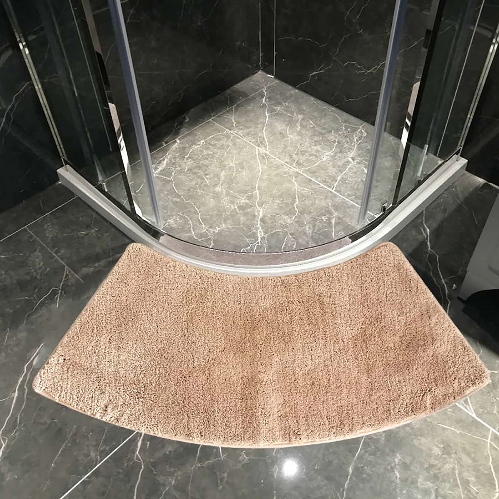 Badematte Runddusche, Medium Mikrofaser Duschmatte Halbrund, Viertelkreis Rutschfeste Hochflor Gebogen, Waschbar für Eckdusche, Beige