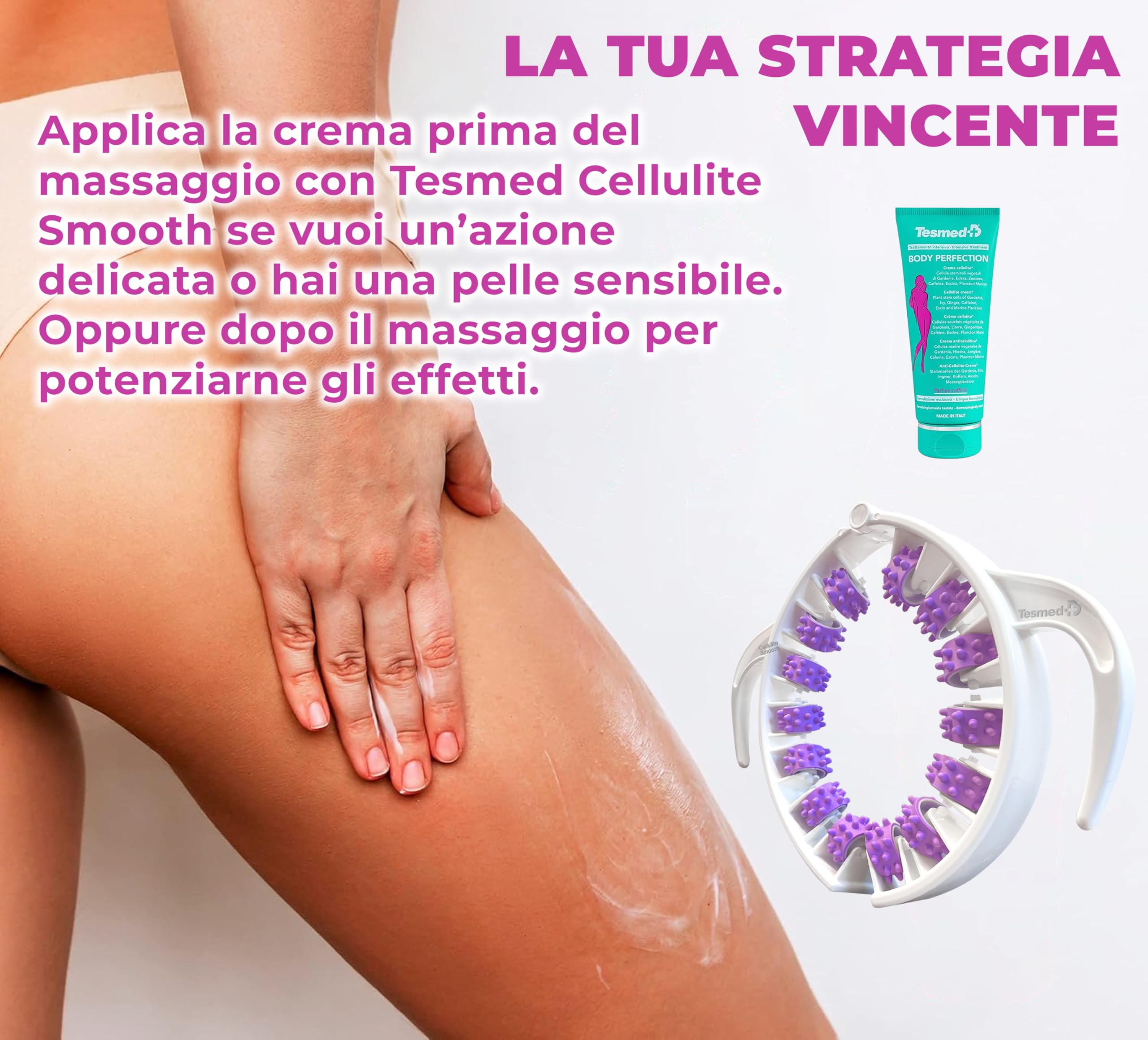 Kit Anticellulite TESMED CELLULITE SMOOTH e CREMA BODY PERFECTION, Massaggiatore Anticellulite con Rulli Brevettati, crema corpo anticellulite rassodante. Per pelle a buccia d'arancia e gambe pesanti