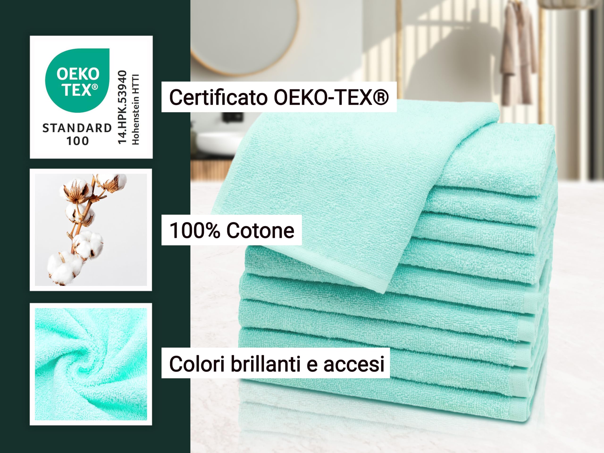 ZOLLNER 10 asciugamani per gli ospiti 30x50 cm - salviettine per le mani - verde menta - con gancetto - lavabili a 60°C - cotone - qualità d'albergo