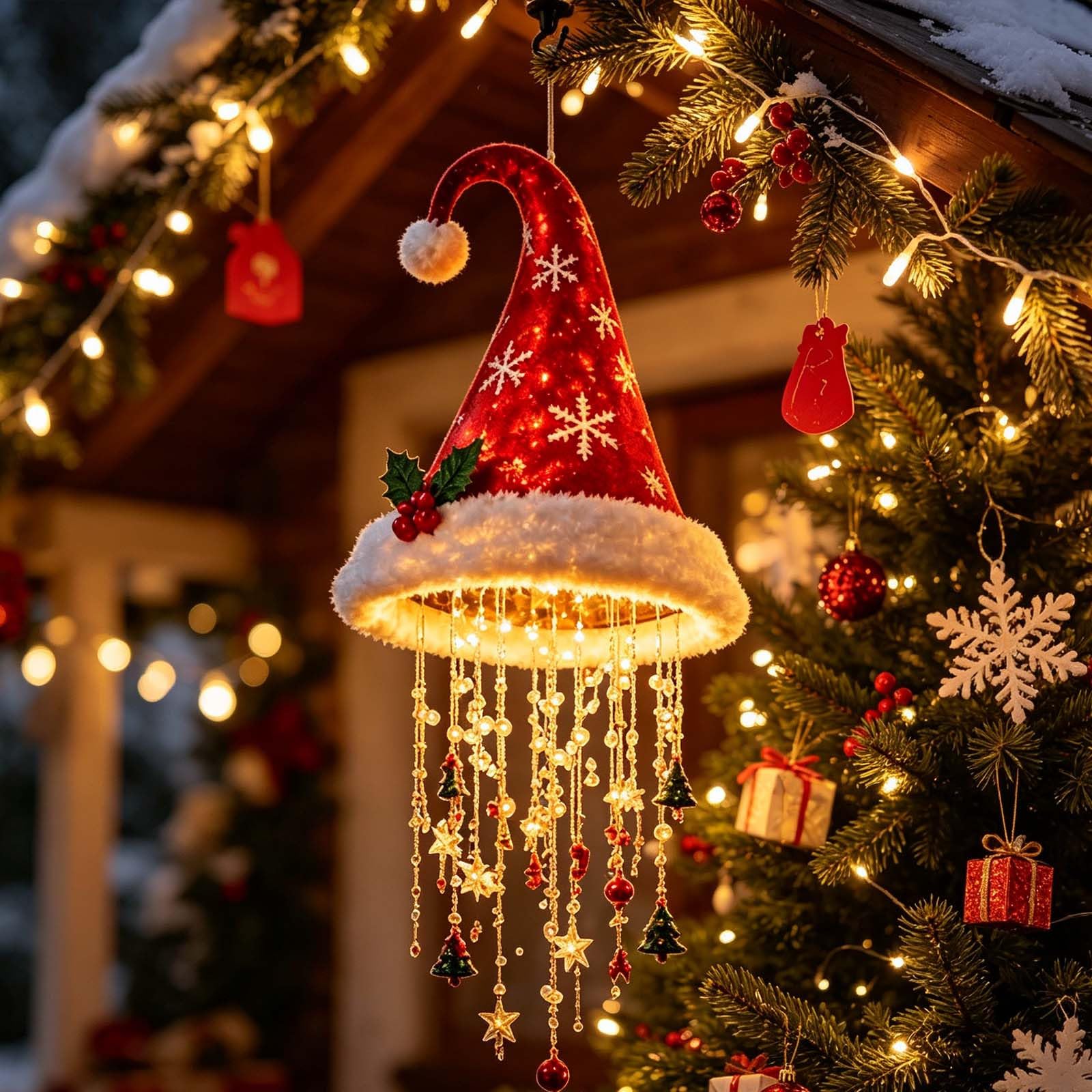 Lighted Santa Hat Hanging Chandelier, Xmas Christmas Lamp with Warm Light，D