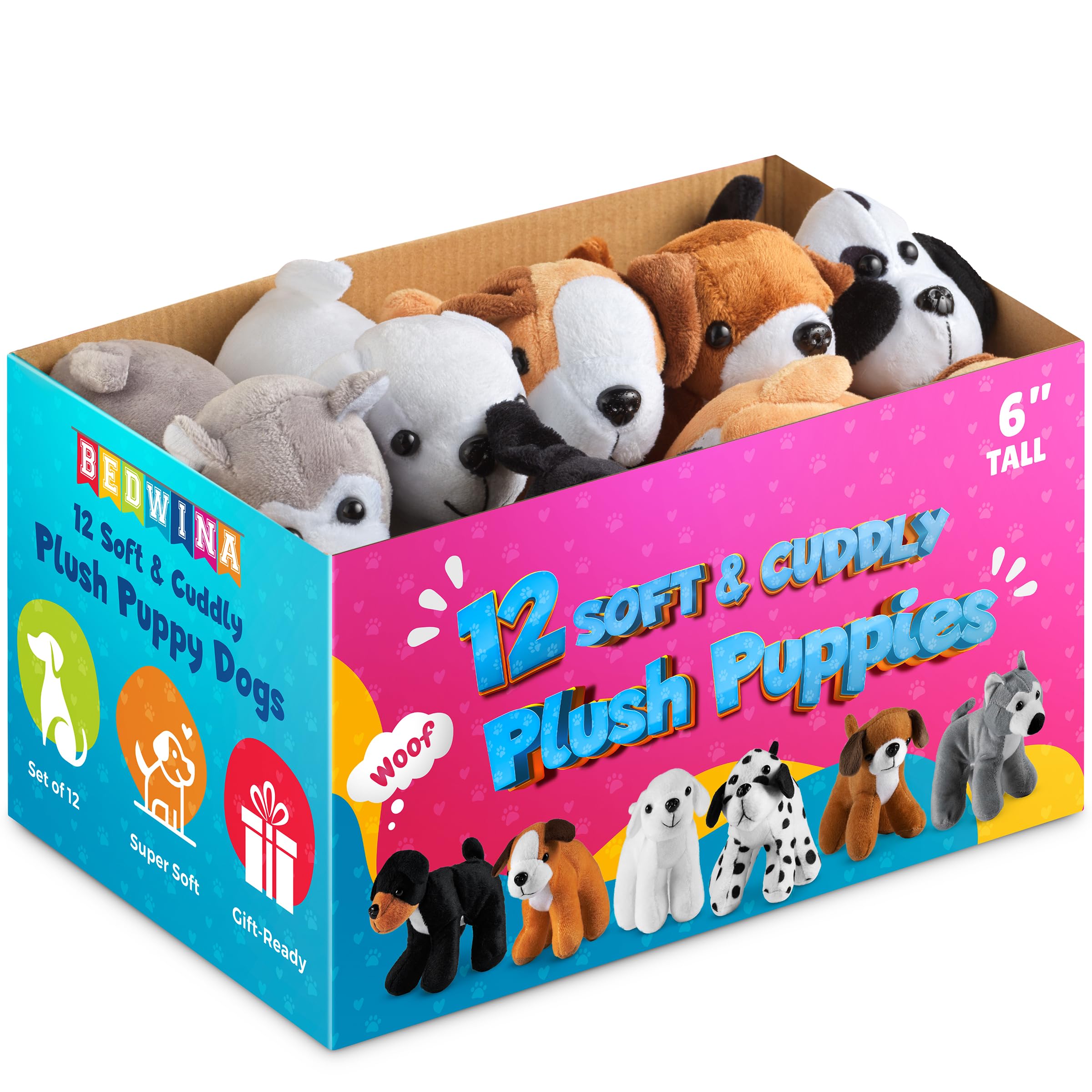 Bedwina Plush Puppy Dogs - (Pack of 12) 6 Inches Tall Stuffed Animals Bulk Assorted Puppies and Cute Stuffed Plushed Dog Puppies Assortment, Stocking Stuffers