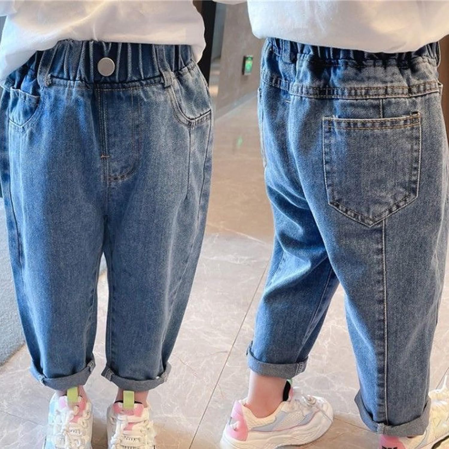Girls' Pocket Stretch Bootcut Fit Denim Jean, Zipper Fly Button Closure Wide Leg Baggy Denim Pants with Pockets