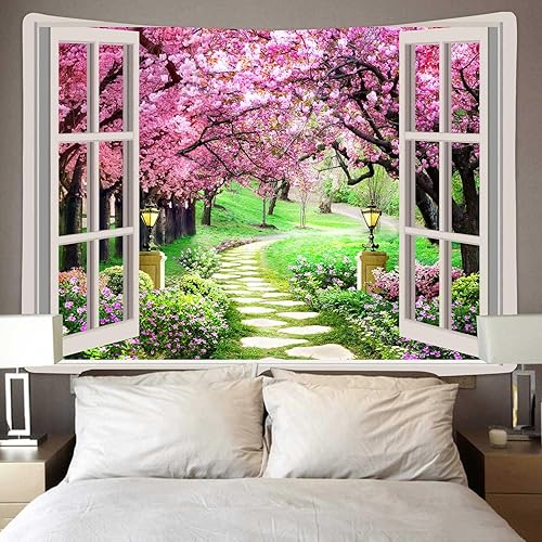 Miniatura 3 de Tapiz japonés de flores de cerezo para ventana, camino de bosque de árboles, flores rosas, botánico, floral, paisaje natural, estético para sala de