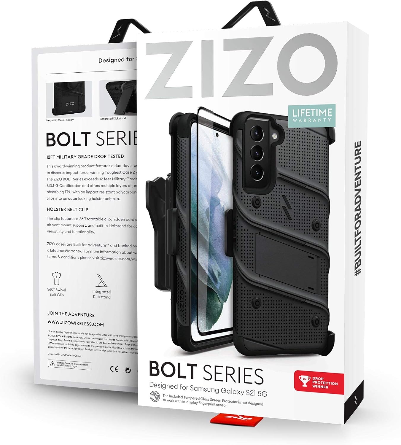 ZIZO Bolt Series for Galaxy S21 Case with Screen Protector Kickstand Holster Lanyard - Black