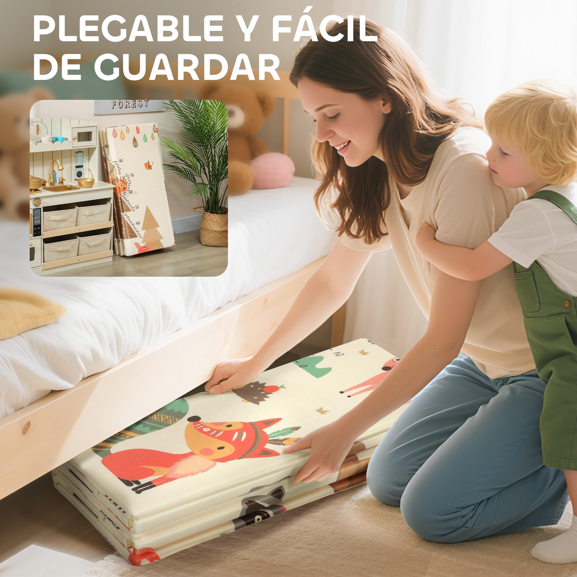 AIYAPLAY Alfombra Bebé Acolchada Plegable Reversible 196x176x1,5 cm Diseño de Bosque y Animales Tapete de Actividades Bebé XPE Doble Cara Impermeable Multicolor