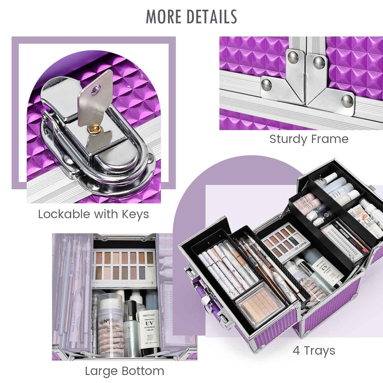 Frenessa Make-up-Box, Kosmetikkoffer, Schmuck-Organizer, Schmink-Aufbewahrungsbox, Schönheits-Zugkoffer, abschließbar, mit Schlüsseln, violett