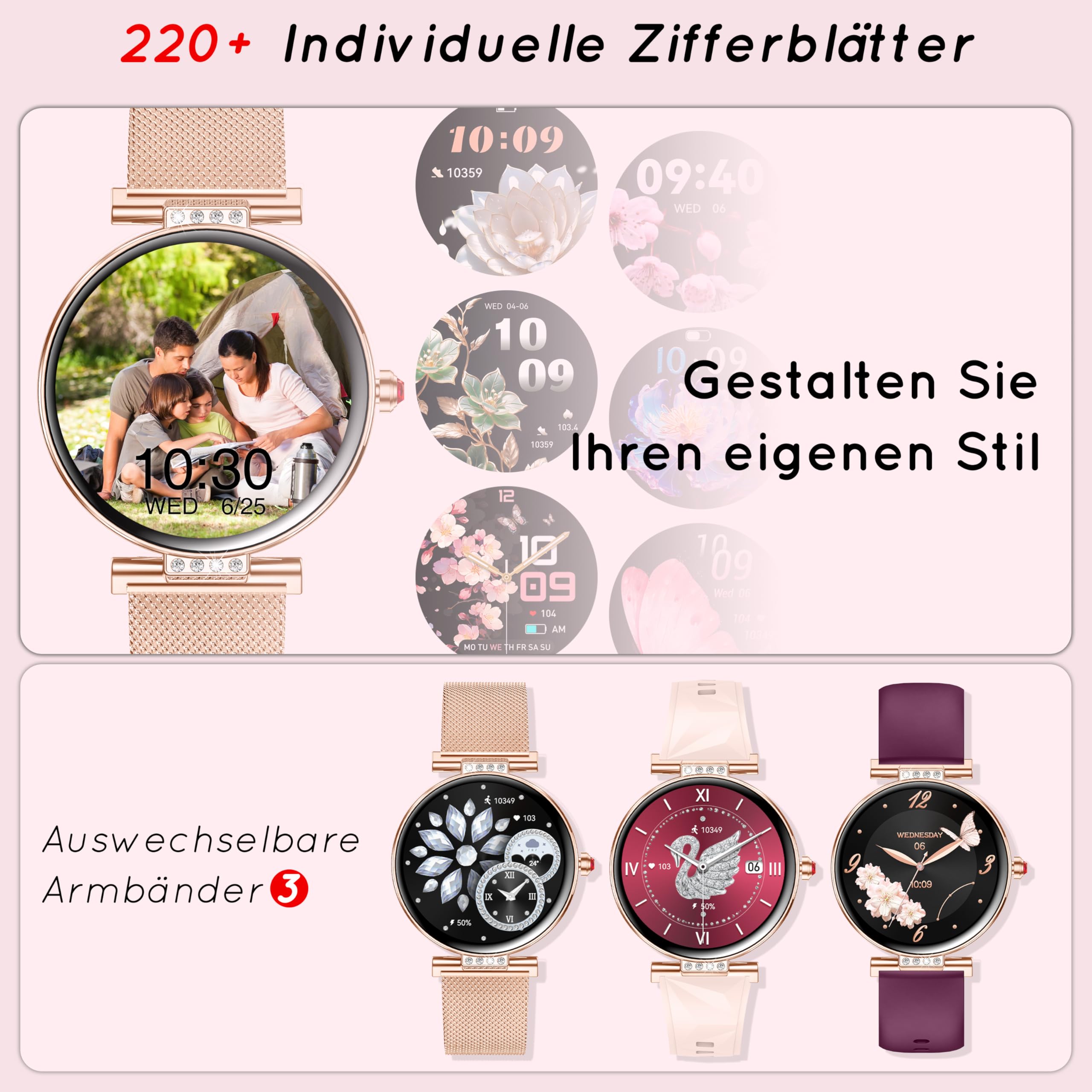 Smartwatch Damen Rund (3 Armbänder) 1,19" HD AMOLED Fitnessuhr mit Geschenk | Telefonfunktion Herzfrequenz SpO2 Schlafmonitor, 120+ Sportmodi Schrittzähler, IP68 Wasserdicht für iOS/Android, Roségold