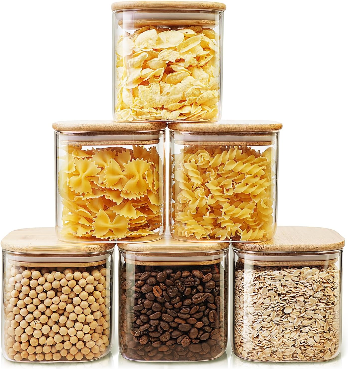 HomArtist Square Glass Jars with Bamboo Lids 27 FL OZ [Set of 6], Glass Canisters with Airtight Lids, Glass Food Storage Containers for Coffee, Sugar, Tea, Candies, Cookies,Best for Kitchen & Pantry