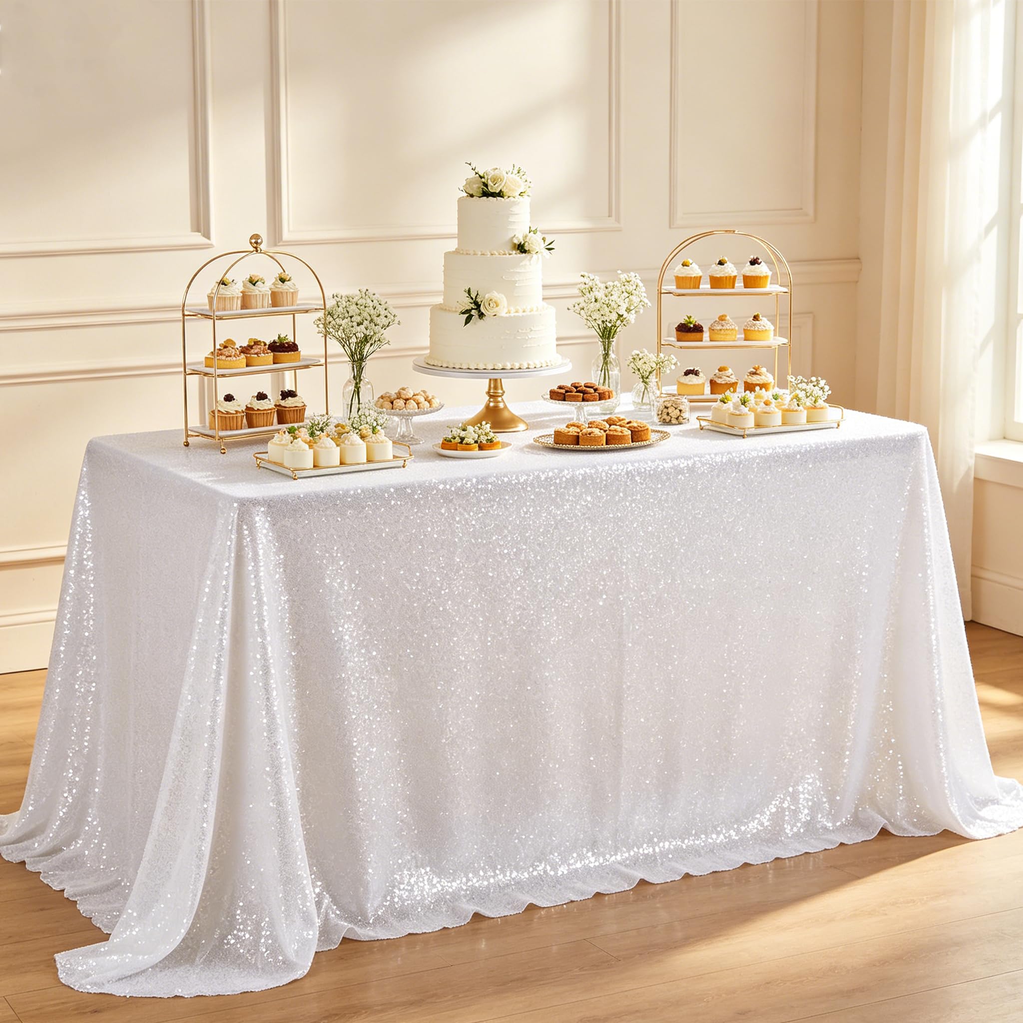SoarDream Weiße Hochzeitstischdecke, 228 x 332 cm, Pailletten-Tischdecke, Glitzer-Tischwäsche für Party, Bankett, Zuhause, Kuchen, Desserts, Tischdekoration