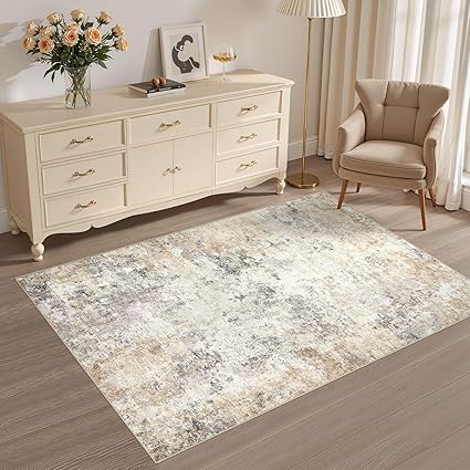 3x5 Area Rug Living Room Rugs - Washable Neutral Modern Abstract Soft Thin Rug Indoor Floor No Slip Rug Carpet for Bedroom Under Dining Table Home Office Decor - Golden Grey