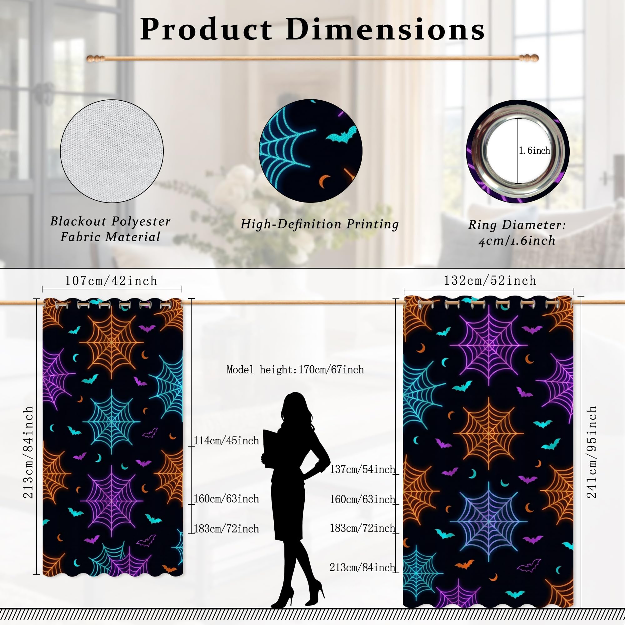 Cortinas opacas de telaraña, murciélago espeluznante, violeta, Halloween, negro, sin arrugas, para decoración de sala de estar, cocina, 52 x 95 pulgadas
