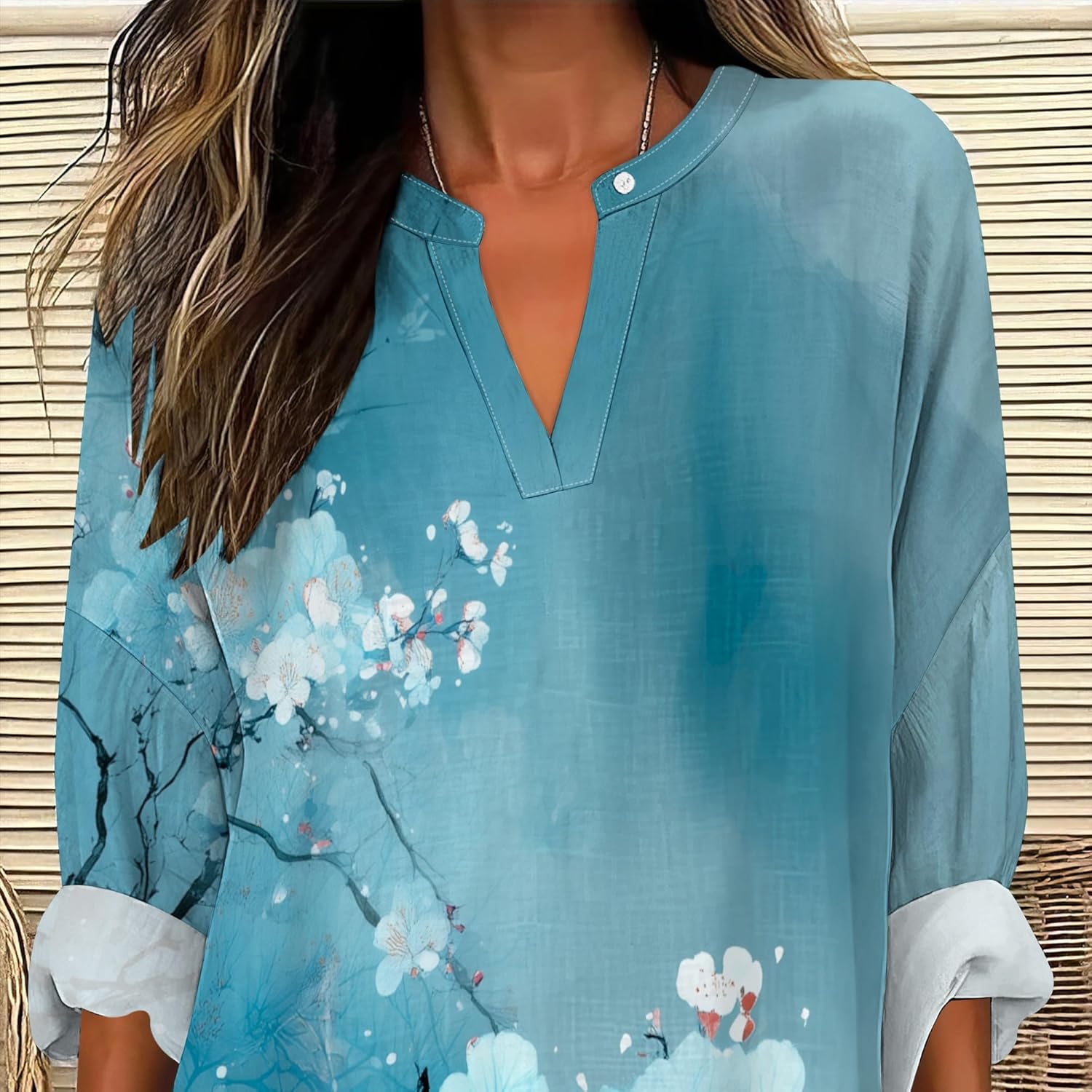 Boho Floral Shirts for Women V Neck Long Sleeve Blouse Vintage Elegant Printed Dressy Casual Loose Fit Tunic Tops - Image 5