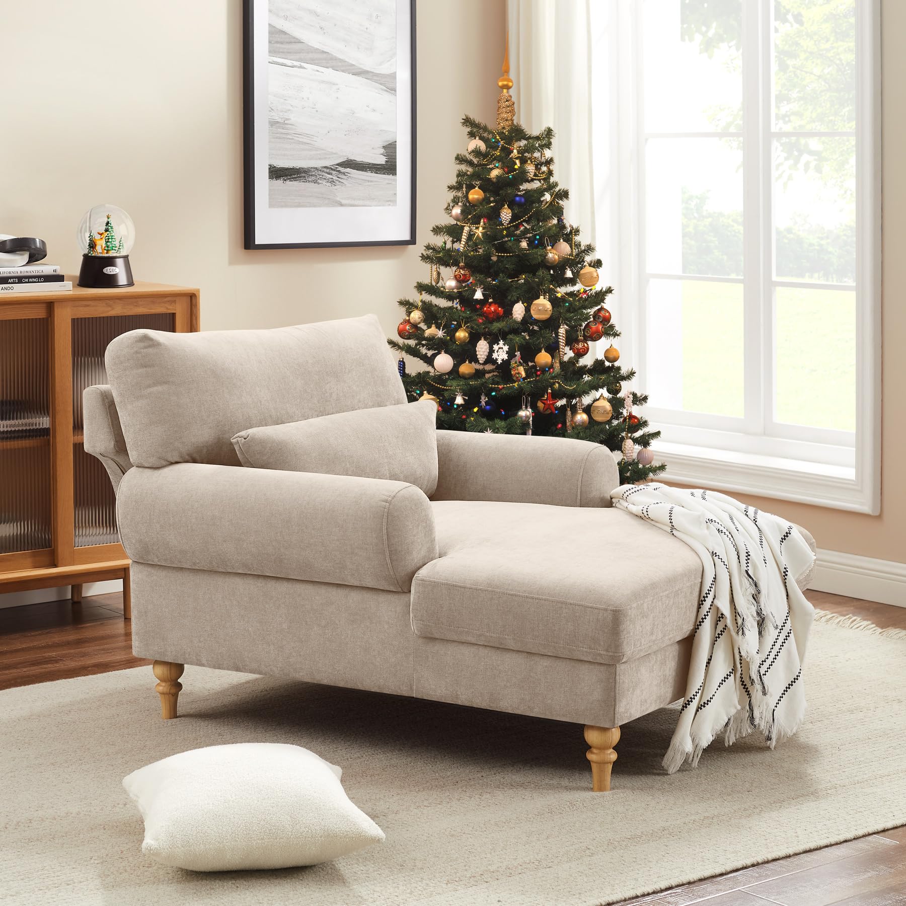 Modern Chaise Lounge Chair with Adjustable Backrest, Upholstered Indoor Leisure Sofa Recliner, Oversized Accent Chair Deep Seat Reading Armchair for Living Room, Bedroom, Office, Light Khaki