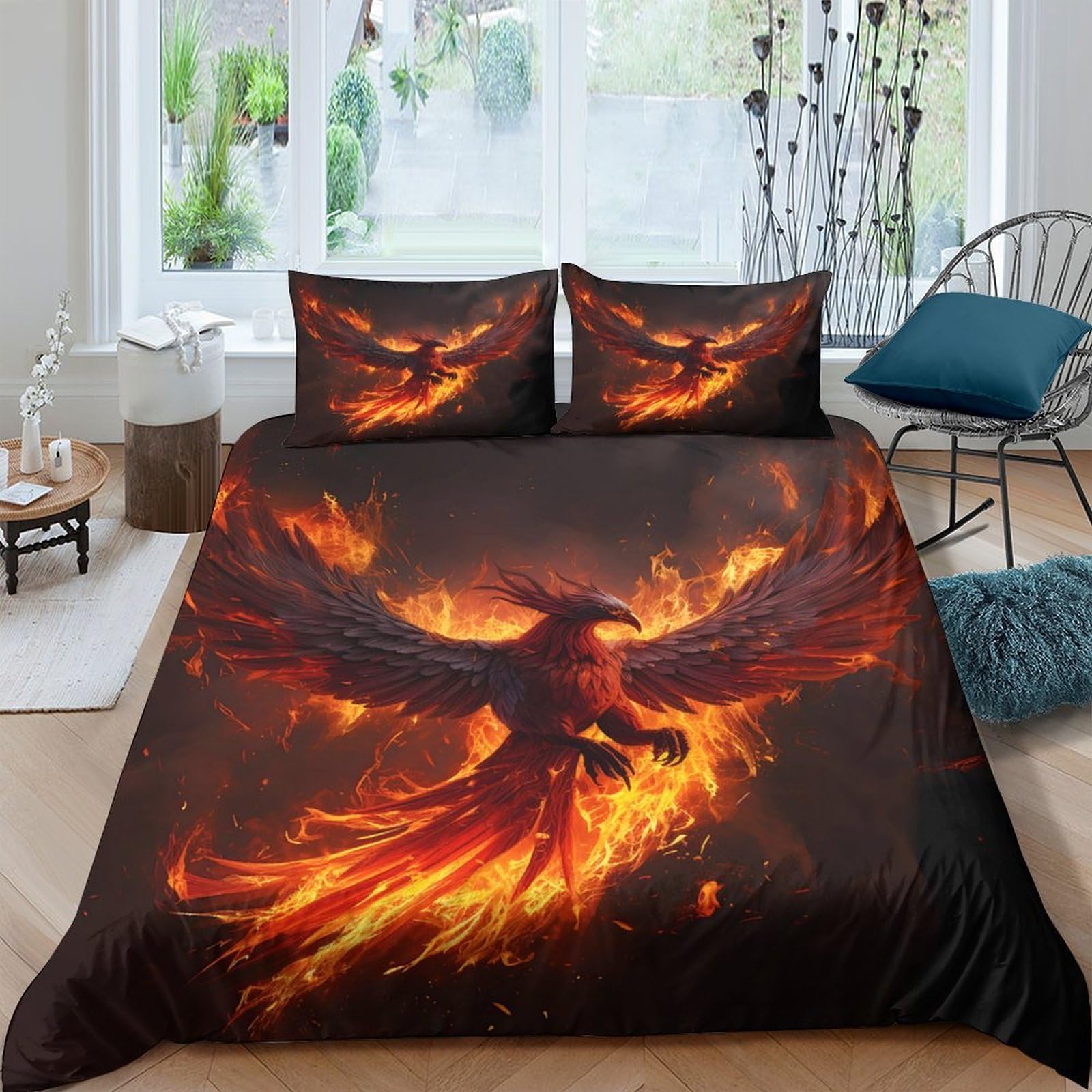 GPLZQXKJNH 3D Printed Fire Phoenix Duvet Cover Microfiber Soft Breathable Flaming Bird Bedding Set with 2 Pillowcases for Bedroom Decor Single（135x200cm）