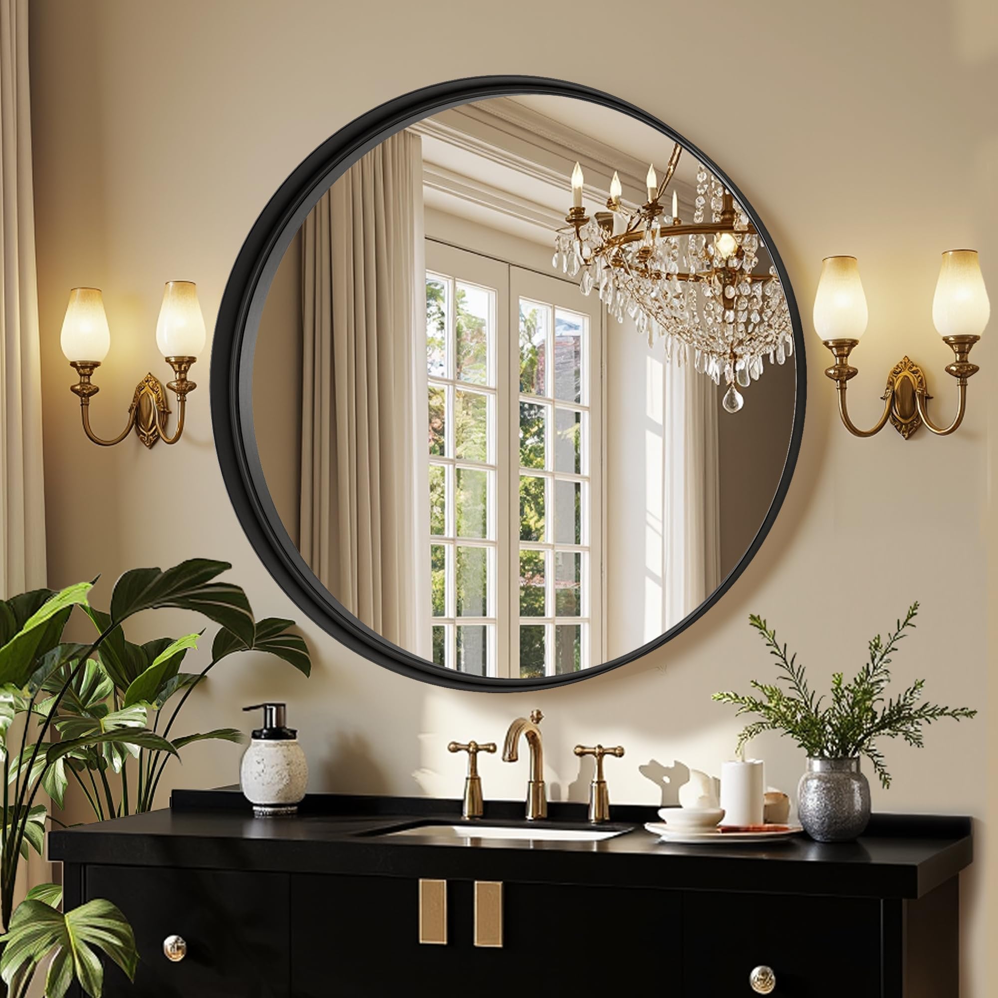 Round Bathroom Mirror, 36 Inch Black Circle Mirror with Metal Deep Frame, Round Mirrors for Wall Decor, Vanity, Entryway, Living Room