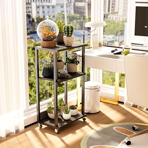 Miniatura 2 de YMYNY UHPT002B - Soporte para impresora móvil, carrito de impresora de 3 niveles con estante de almacenamiento ajustable y 6 ganchos en S, mesa de