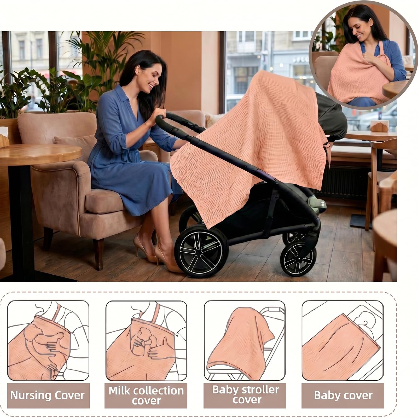 Couverture d'allaitement, 100% coton, tablier d'allaitement, couverture d'allaitement Allaitement (Rose)