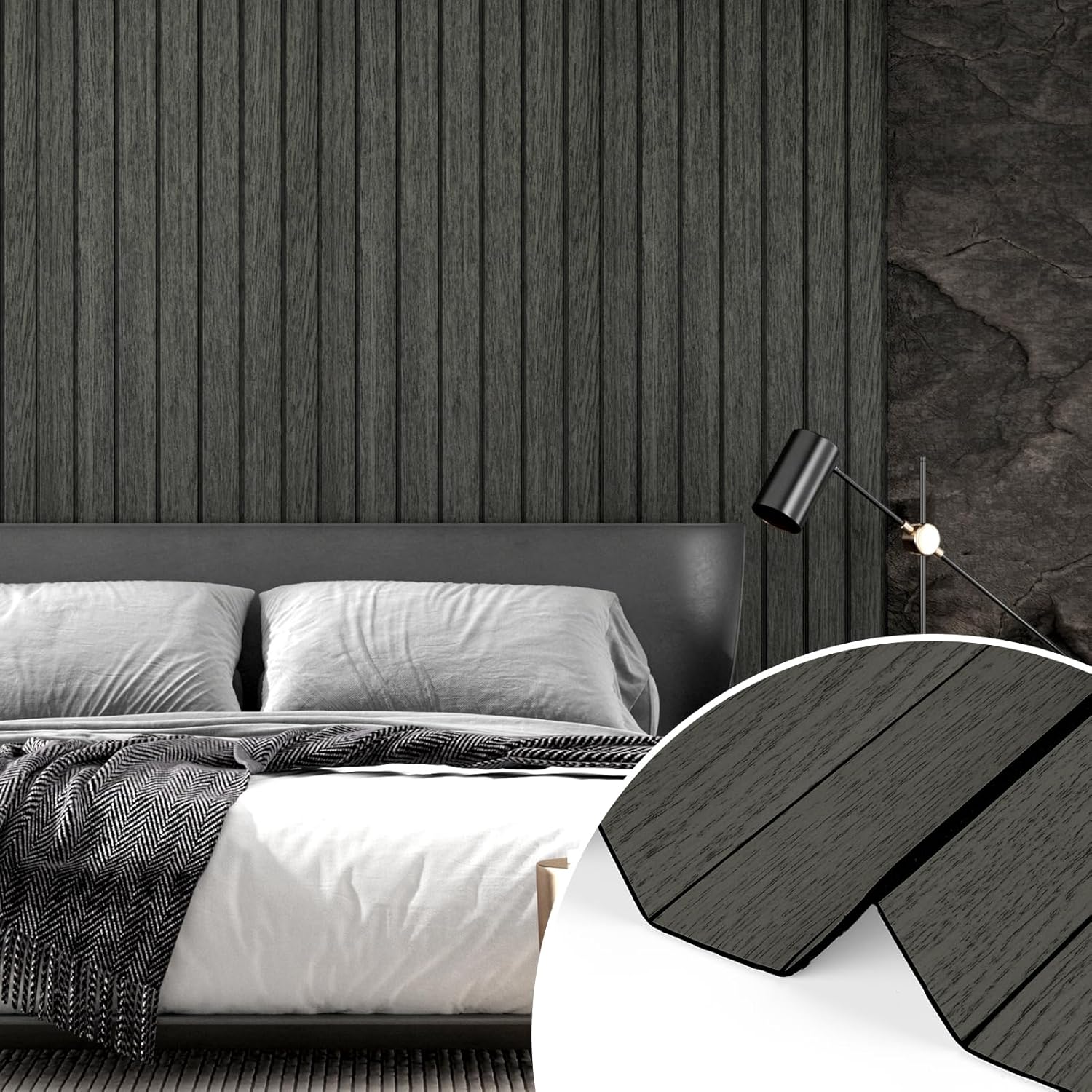 Wallercity Black/Grey Peel and Stick Wood Panels Removable 3D Wood Grain Slat Soundproof Wall Panel for Walls Self Adhesive Vinyl Wooden Fluted Wall Panels for Bedroom Bathroom RV Basement 11.7"x197"