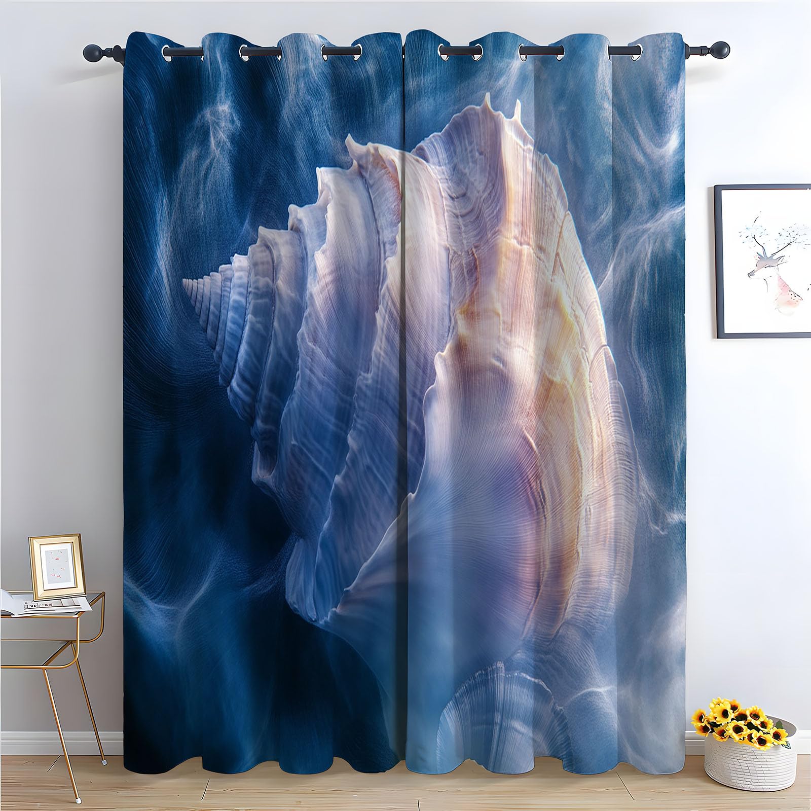 WIKEO Curtains for Living Room Silver Beach Scenery Blackout Grommet Drapes Printed Pattern Floral Window Curtain Panels for Bedroom Aesthetic, 2 Panels Set-52 W x 96" L (Pack of 2)
