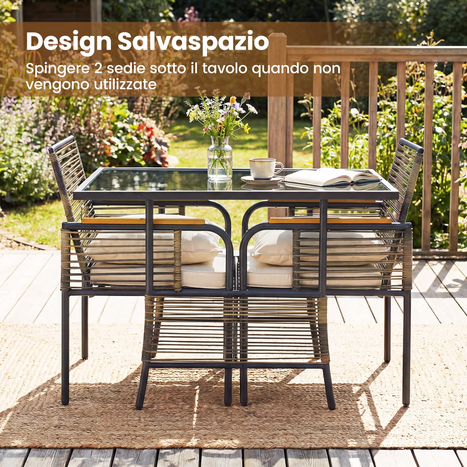 COSTWAY Set Salottino da Giardino in Vimini, Set di Mobili da 3 Pezzi per Esterno Salvaspazio con Cuscini, Tavolo Rettangolare e Sedie in Rattan per Balcone, Veranda, Giardino e Cortile (Beige)