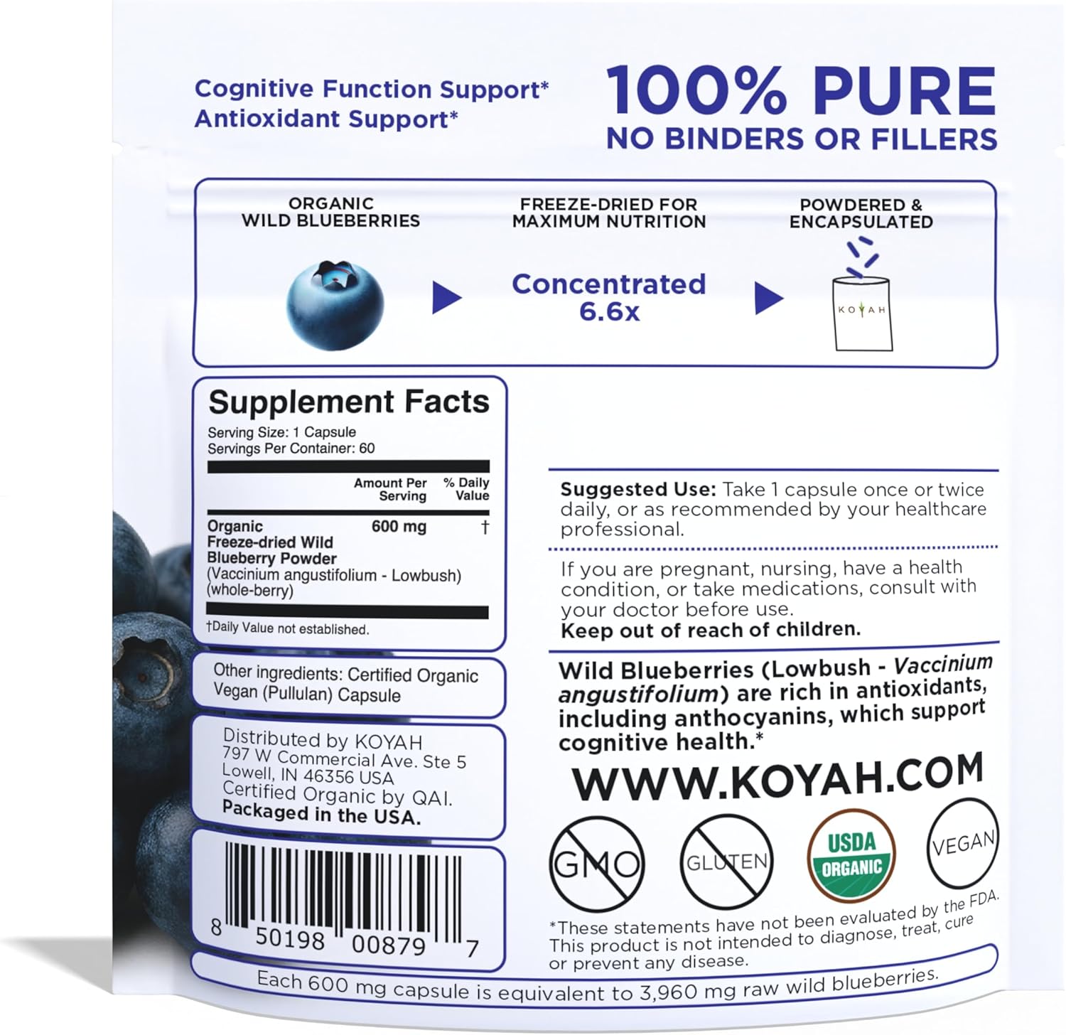 KOYAH - Organic Wild Blueberry Capsules – Freeze-Dried Whole Fruit – 600 mg (3,960 mg Fresh) – Lowbush Variety (Vaccinium angustifolium) - Cognitive Function & Antioxidant Support - 60 Capsules - Image 2