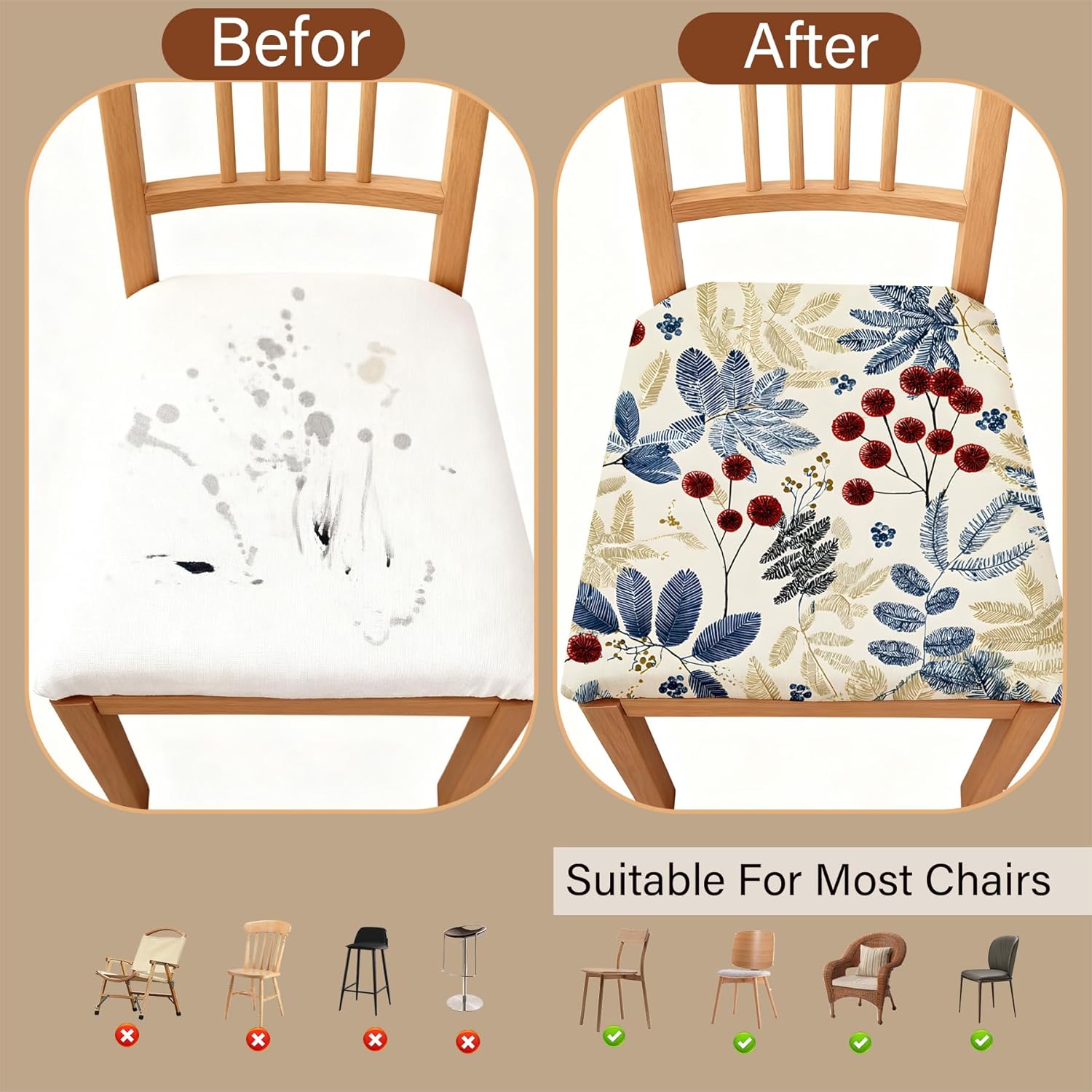 Chair Seat Covers - 6 Pack Waterproof Stretch Printed Dining Room Chair Cover with Elastic Ties Removable Washable Dining Upholstered Chairs Protector (Floral, Pack of 6)