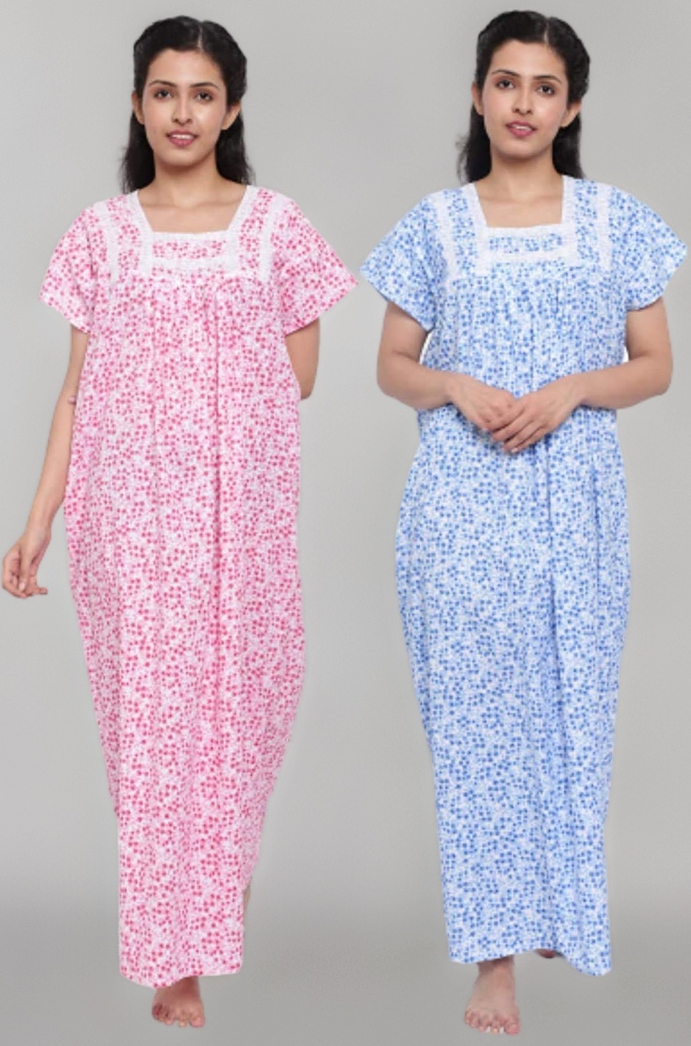 Women's Cotton Lace Solid Color Nighty (Pack of 2)