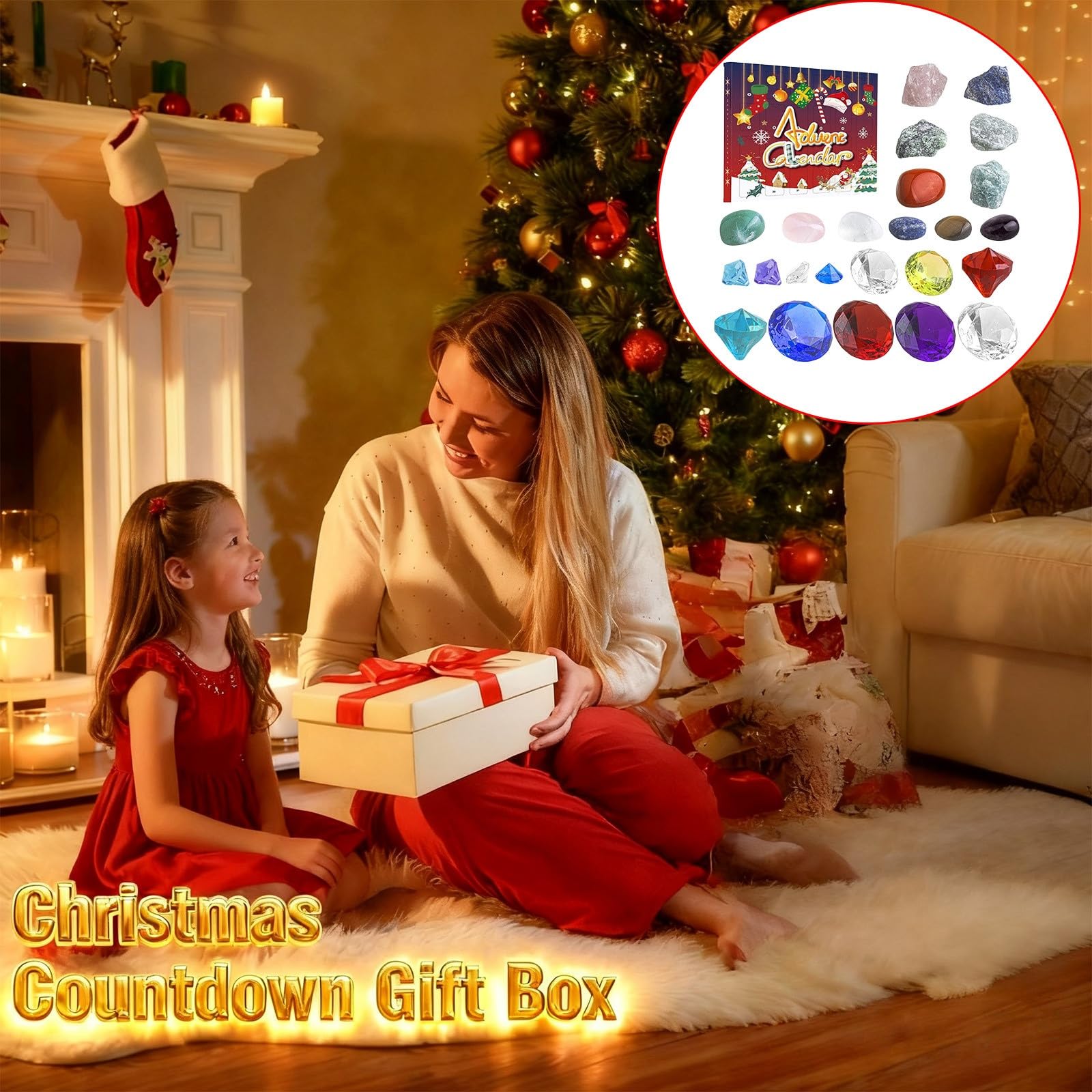 Giocattolo Conto Alla Rovescia Calendario dell'avvento con pietre preziose e conto alla rovescia con 24 sorprese per le feste dei bambini, adatto per Natale (Red, 27x27x3. 3cm)