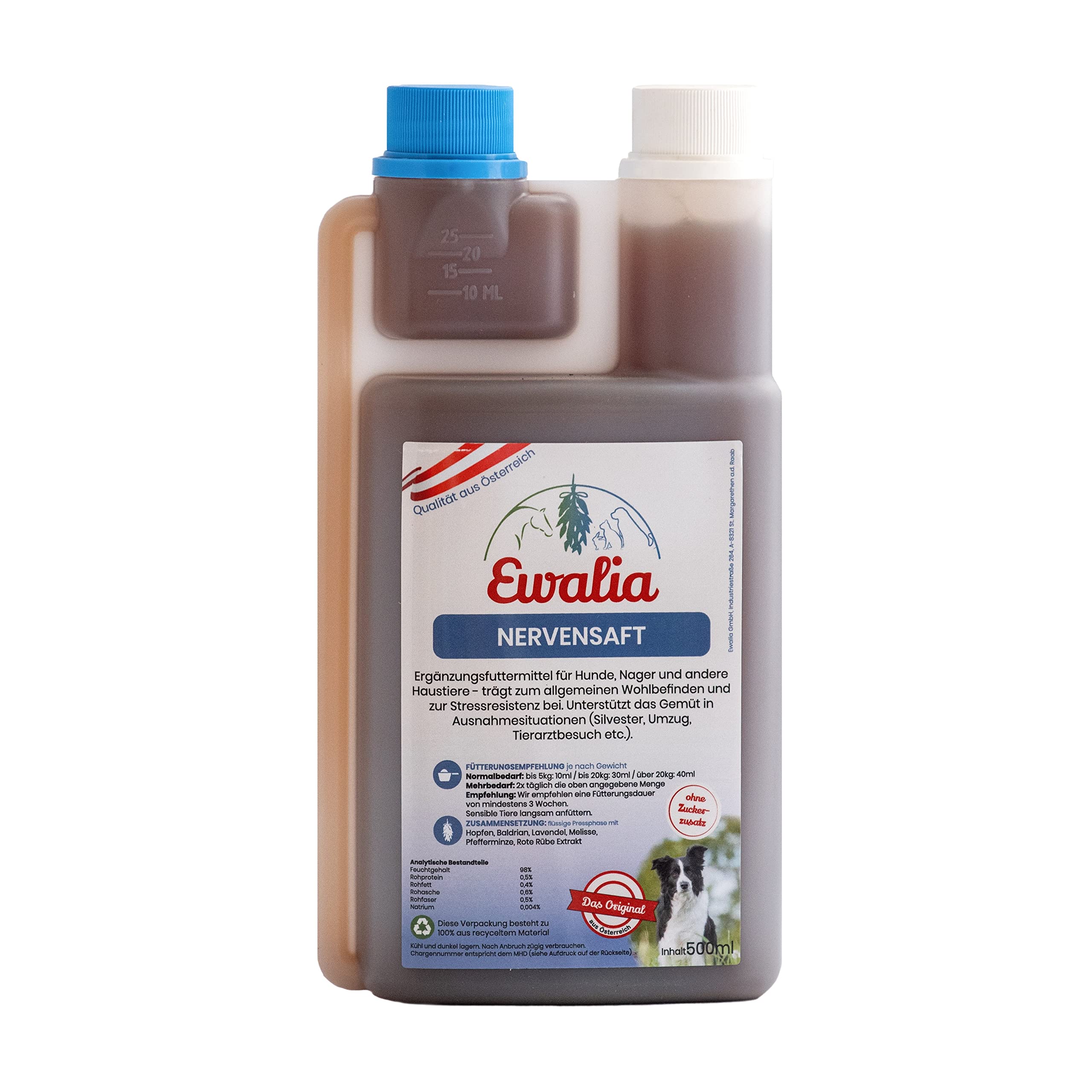 NEU! EWALIA Nervensaft für Hunde - Beruhigung und Balance für Ihr Haustier in stressigen Zeiten - mit Tierärzten entwickelt, 100% Natur pur, frei von Zusätzen, zertifizierte Inhaltsstoffe - 500ml