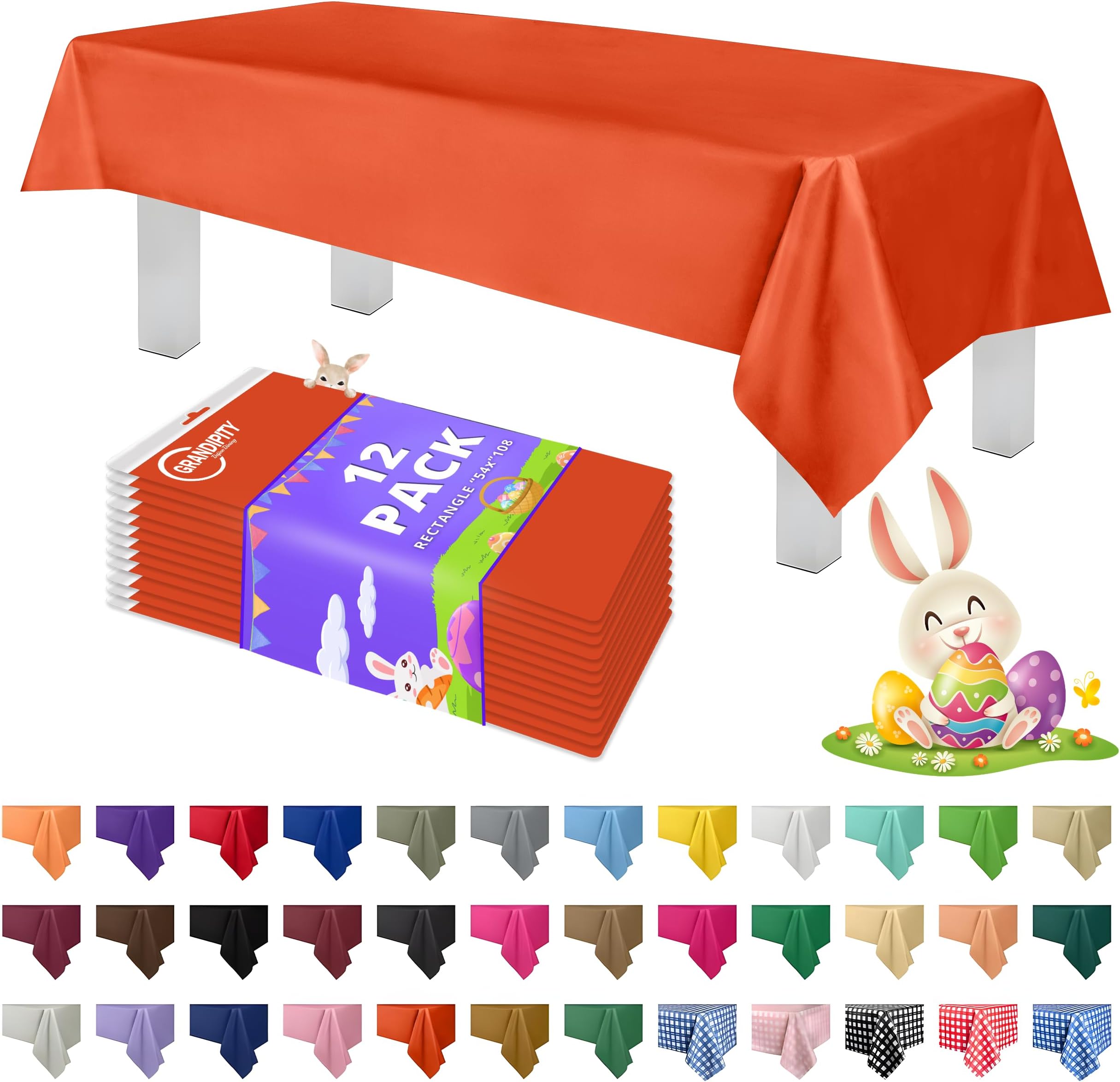 12 Pack Premium Disposable Plastic Tablecloth 54 Inch. x 108 Inch. Decorative Rectangle Table Cover - Orange