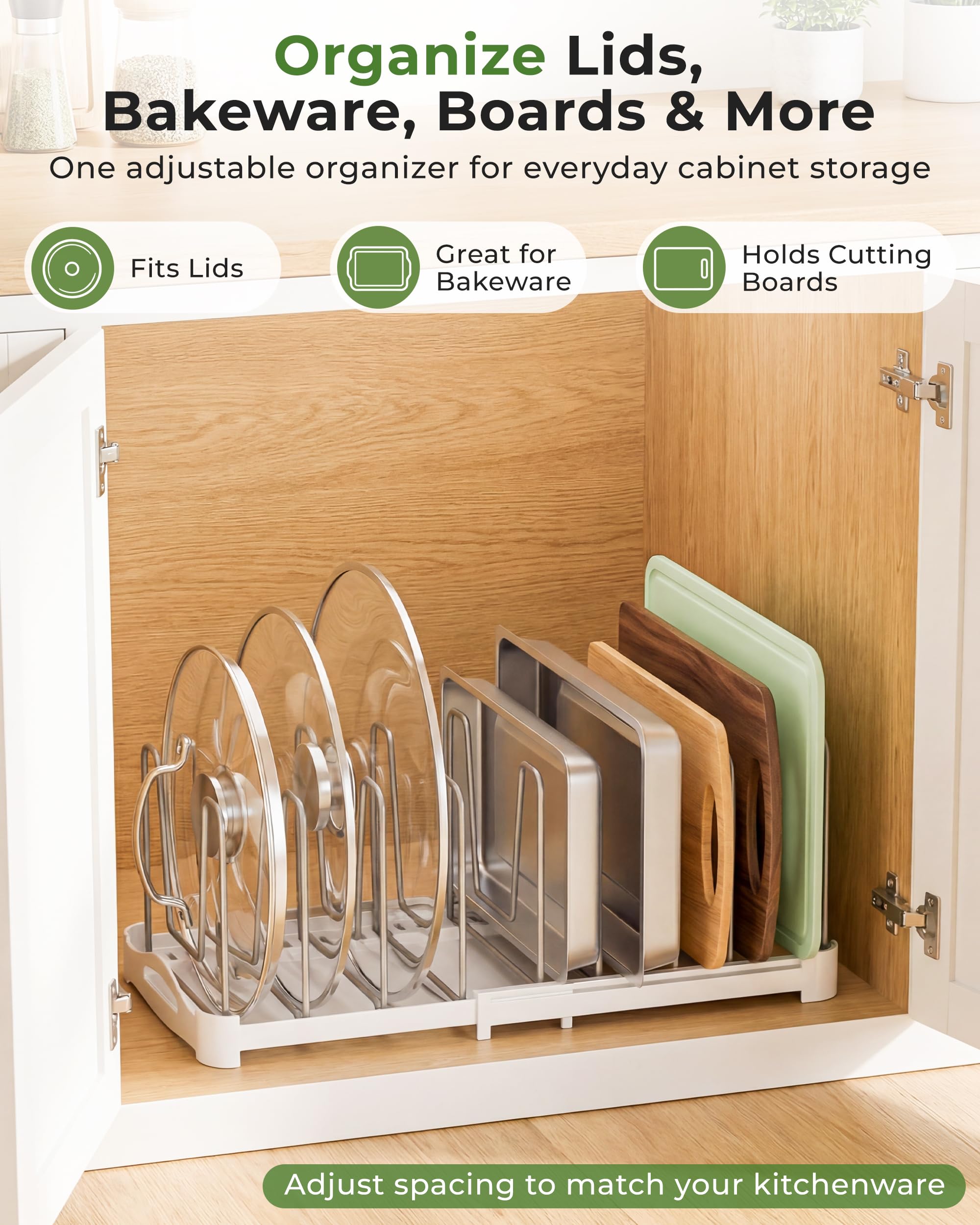 EVERIE Regulowany organizer na naczynia do pieczenia, stojak na pokrywkę garnków, foremek do ciasta, desek do krojenia, maty, naczyń kuchennych, GS02SS, głębokość 18 cm na 30 cm do 50 cm szerokości