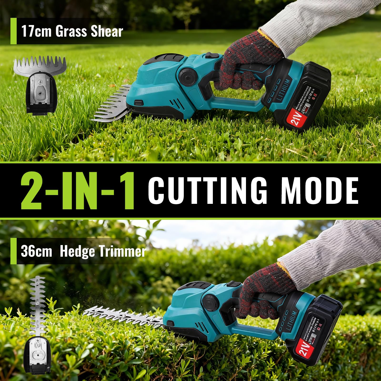 Cortasetos eléctrico 2 en 1 con batería y cargador de 3000 mAh, recortadora de arbustos de 36 cm, cuchillo de hierba de 18 cm, motor sin escobillas, para jardinería compacta