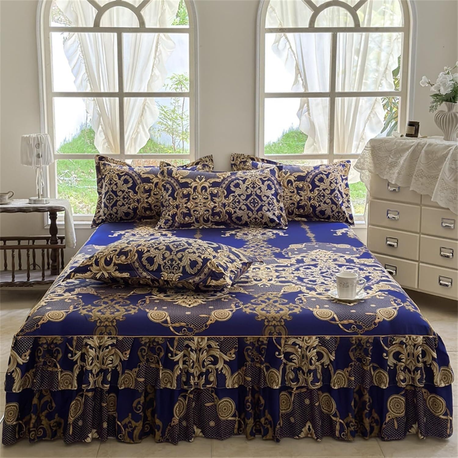 Sábana de cama antiarrugas para olvidar el planchado con diseño acolchado y volantes
